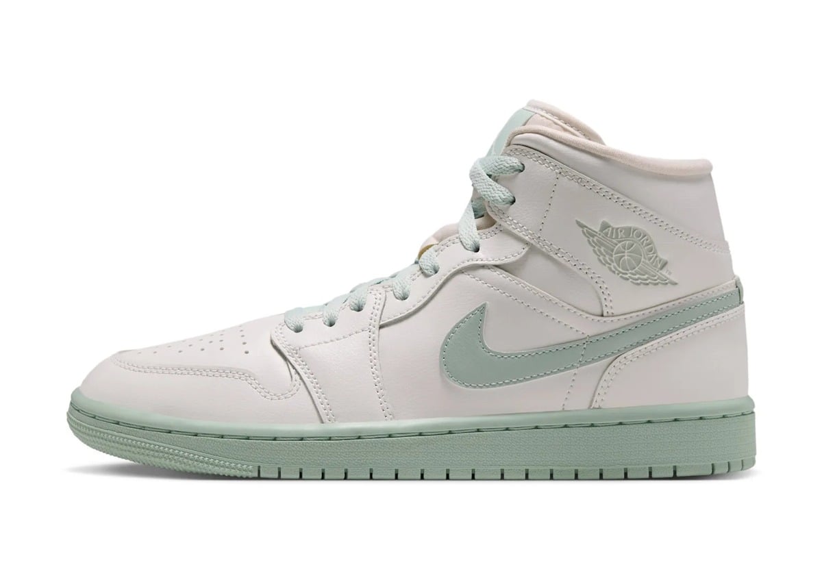 lateral view, cream leather upper with mint green swoosh and outsole, Air Jordan 1 Mid "Pistachio Frost"
