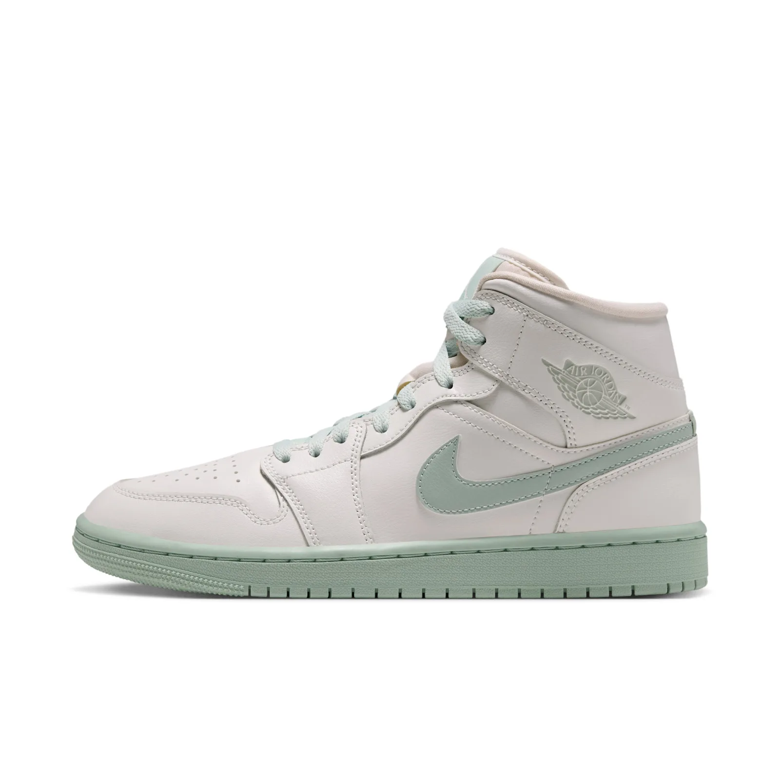 lateral view close-up, cream leather with mint swoosh and wings logo, Pistachio Frost