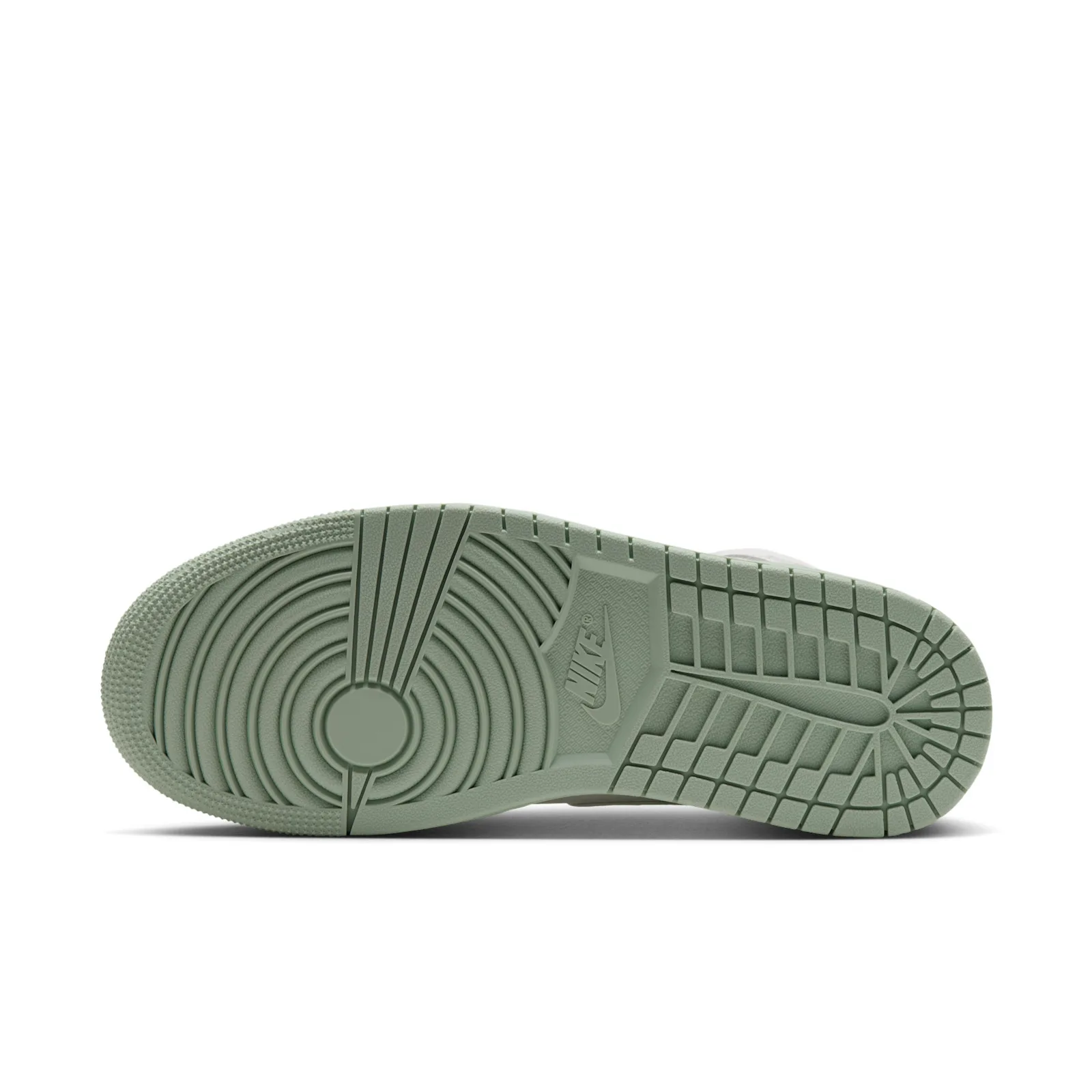 outsole view, mint green rubber sole with nike logo and tread pattern, Pistachio Frost