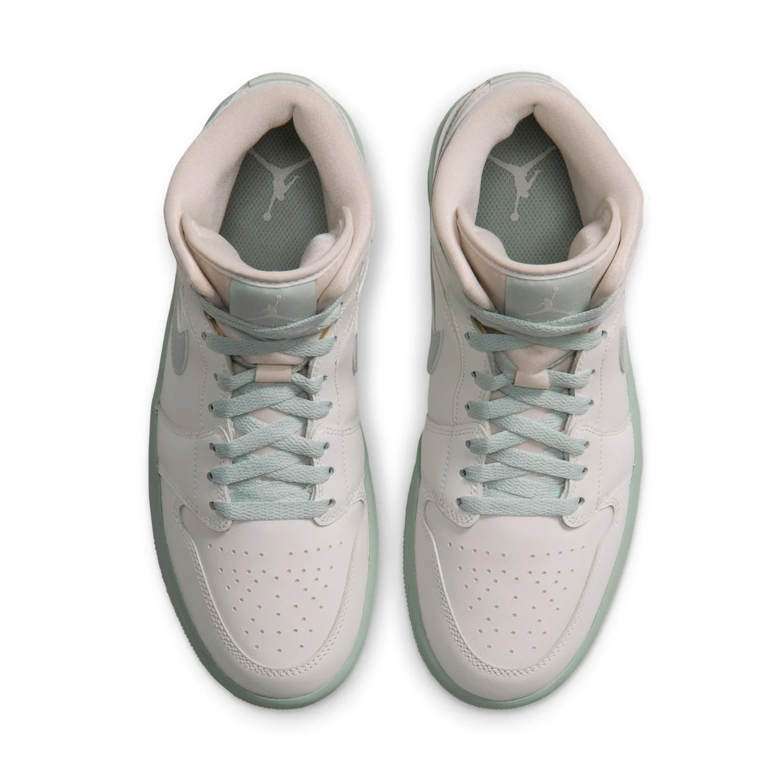 top-down view of pair, mint laces and jumpman logo on cream tongues, Pistachio Frost