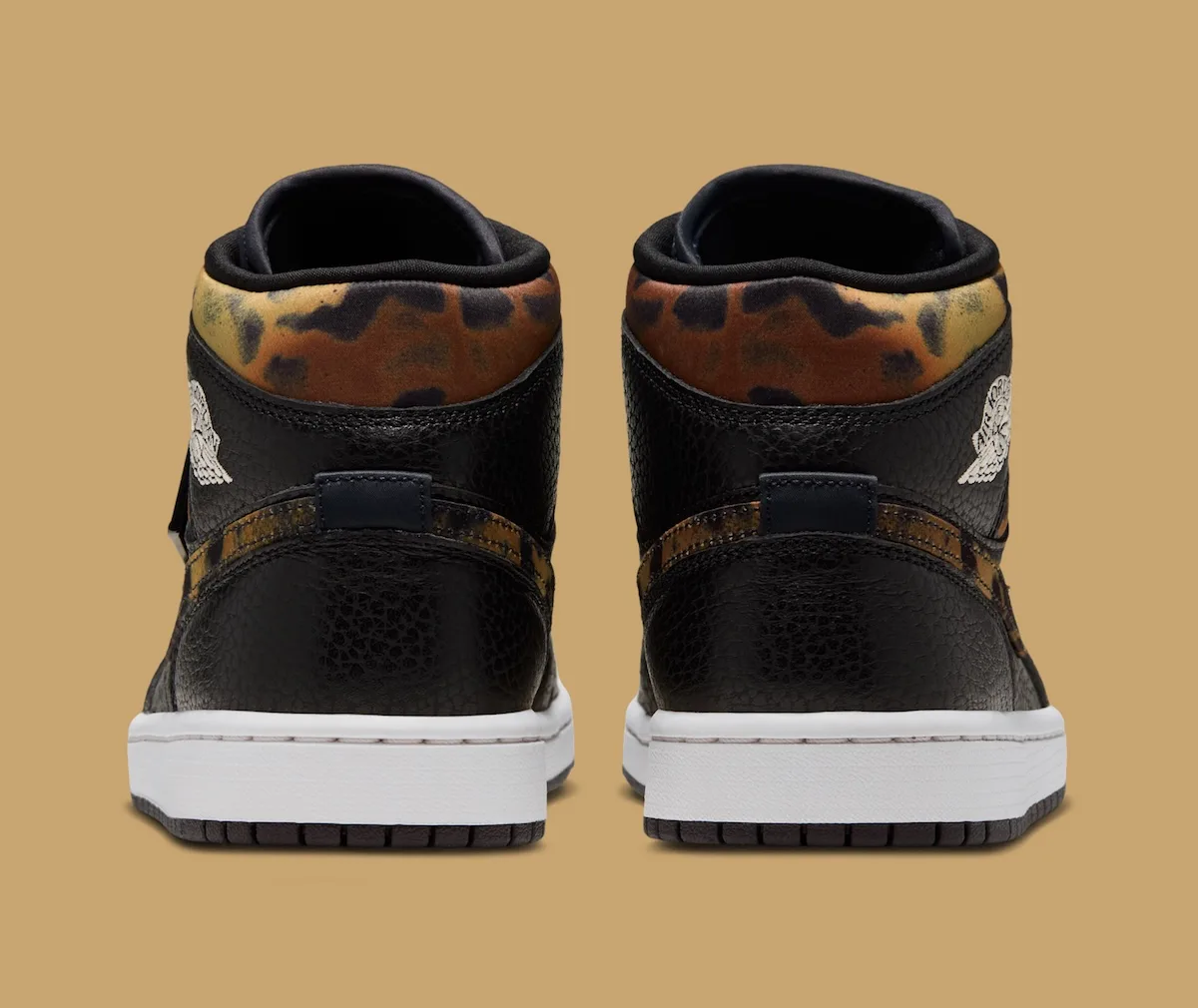 heel view of pair, leopard-print collar above black leather counters, Velvet Brown Leopard