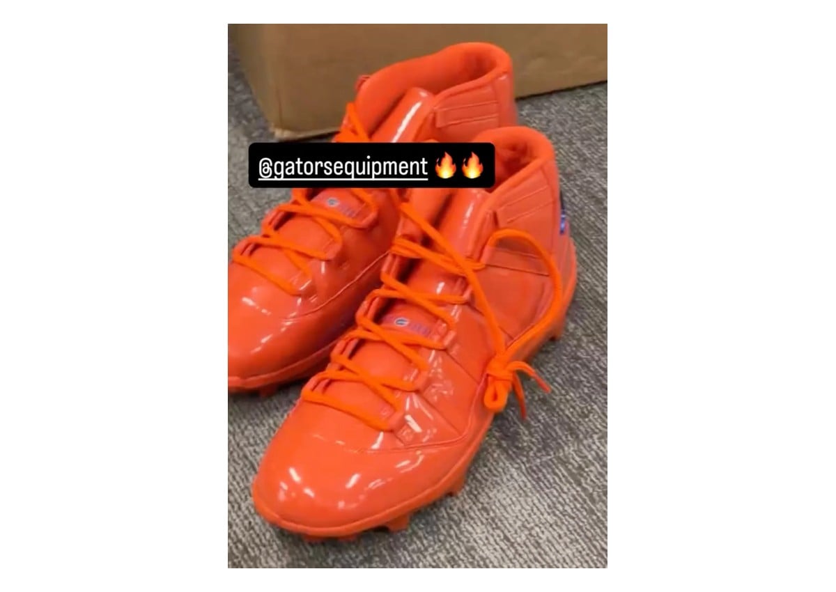 pair in orange patent leather with cleated sole and gators equipment caption, Air Jordan 11 “Florida Gators” PE