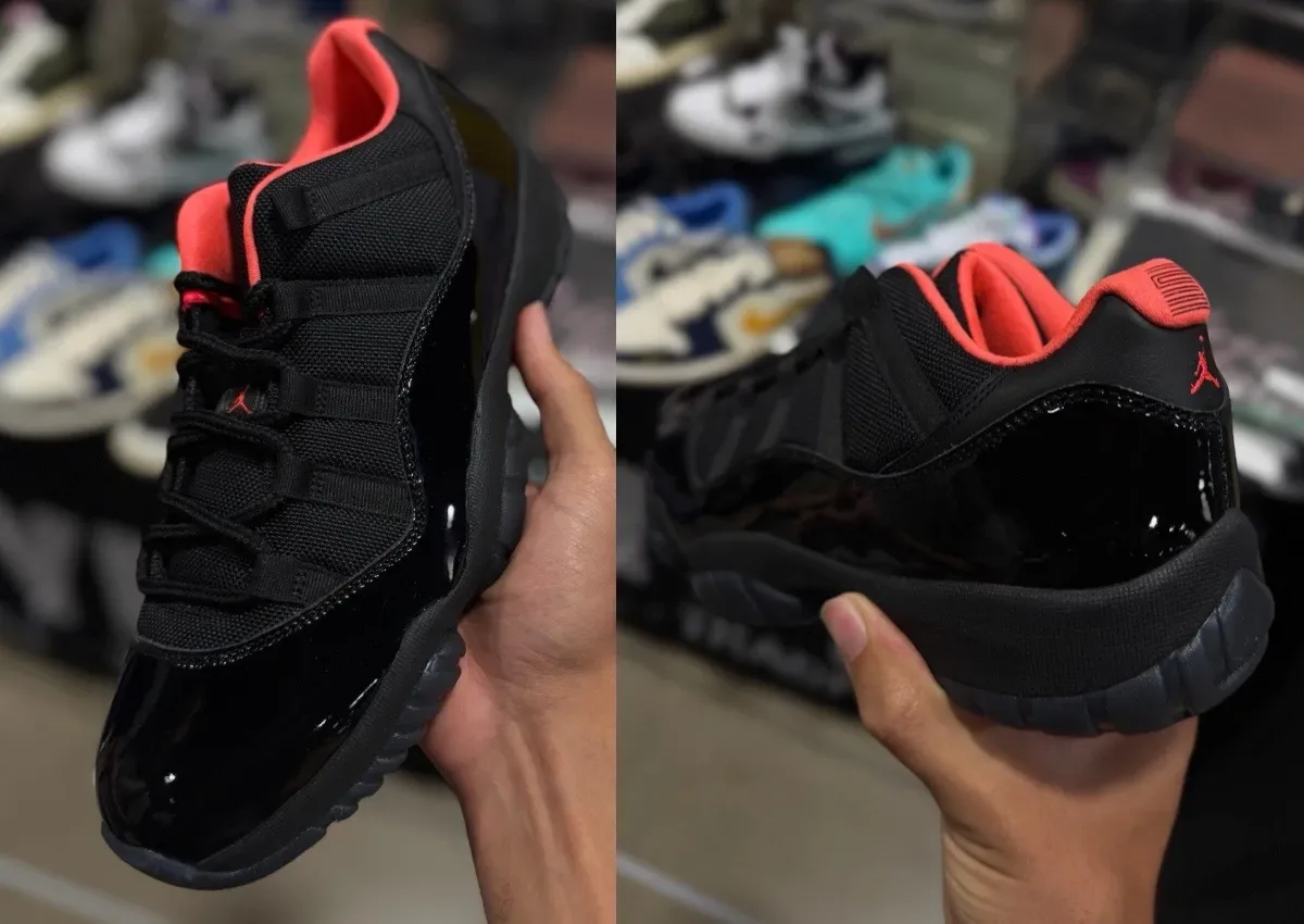 two-panel in-hand view, lateral and heel angles, black patent and mesh with coral trim, Black Infrared