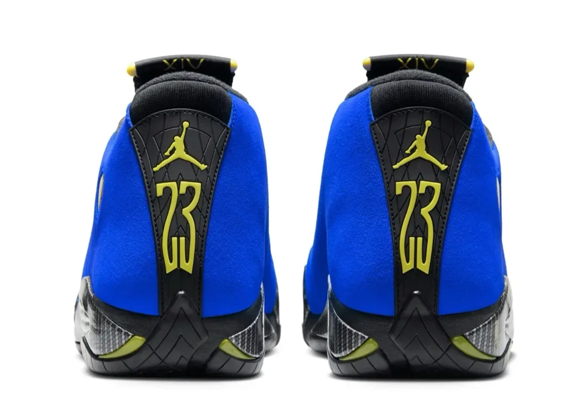 heel view of pair with yellow 23 and Jumpman on black pull tabs, Blue Ferrari