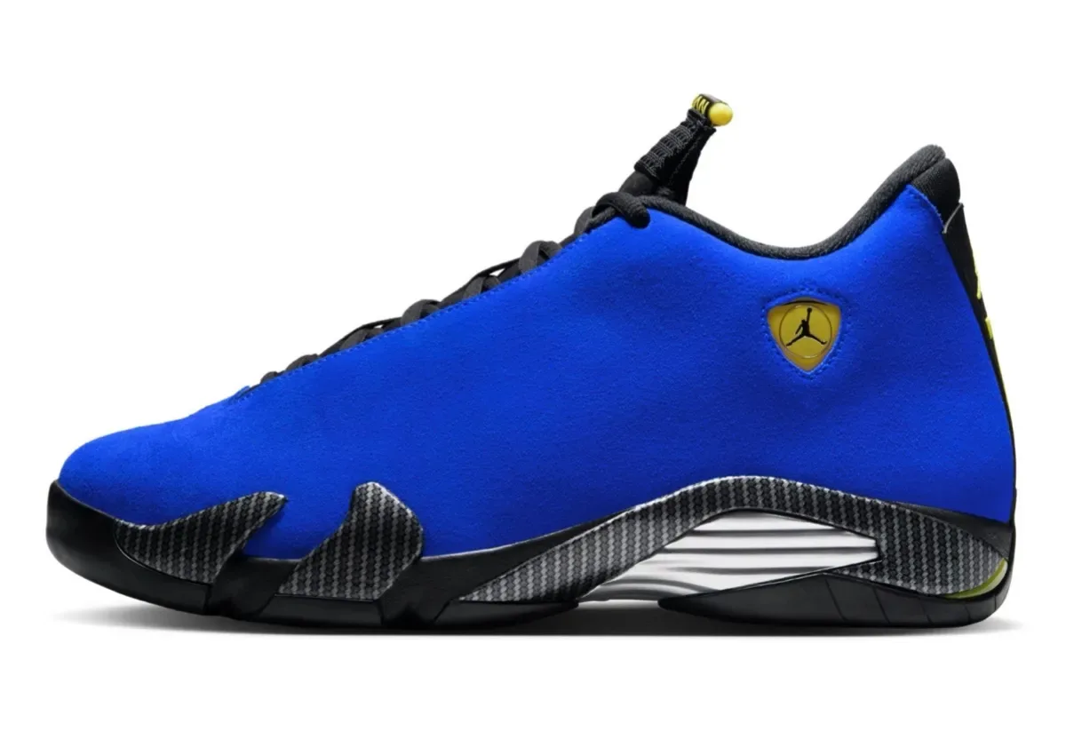 lateral view, blue suede upper with yellow Jumpman shield logo, Blue Ferrari