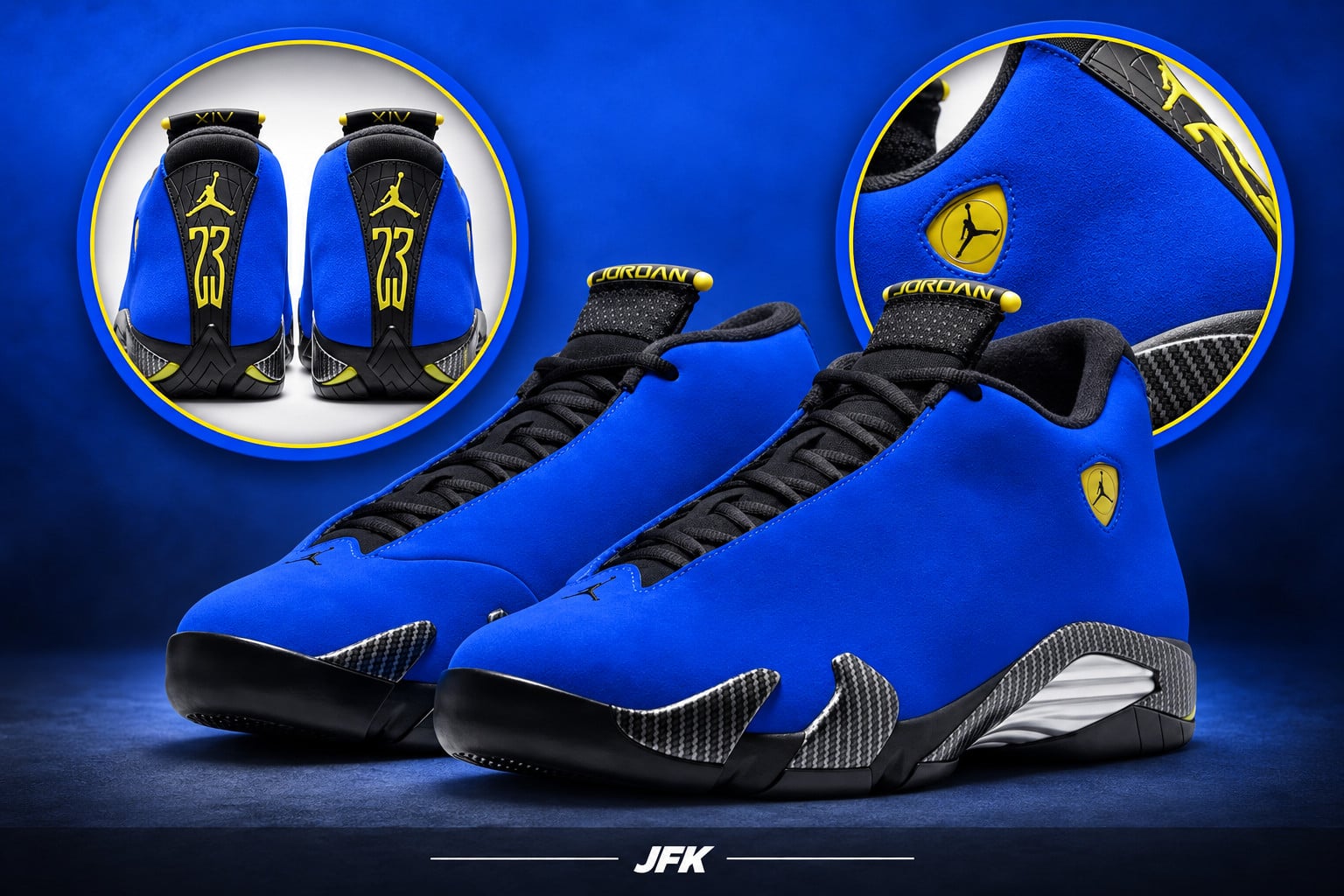 pair on blue backdrop with heel and Jumpman-shield inset close-ups, Air Jordan 14 “Blue Ferrari” in Blue/Yellow/Black
