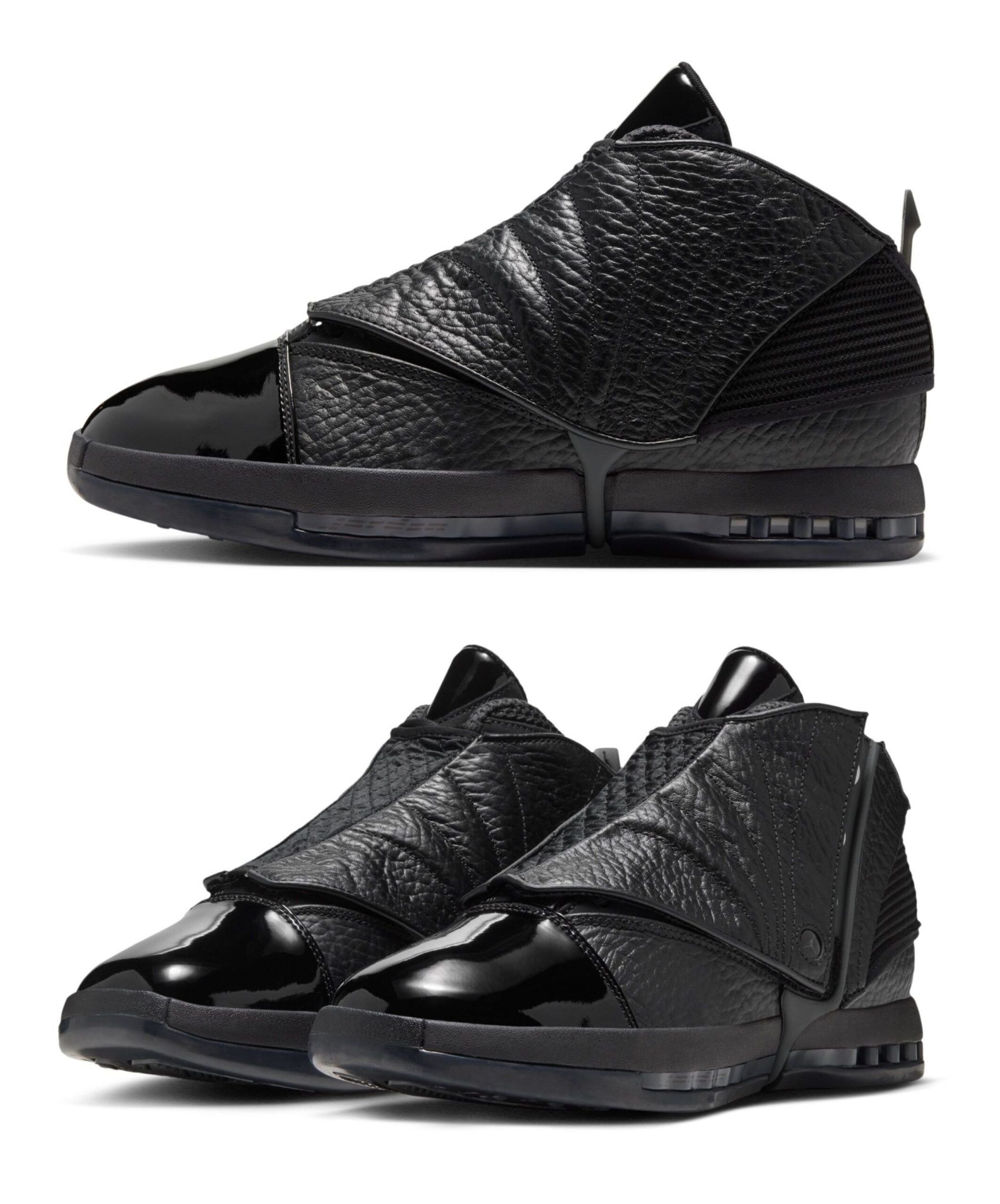 lateral profile and angled pair view, black leather with patent toe cap, Black Pack