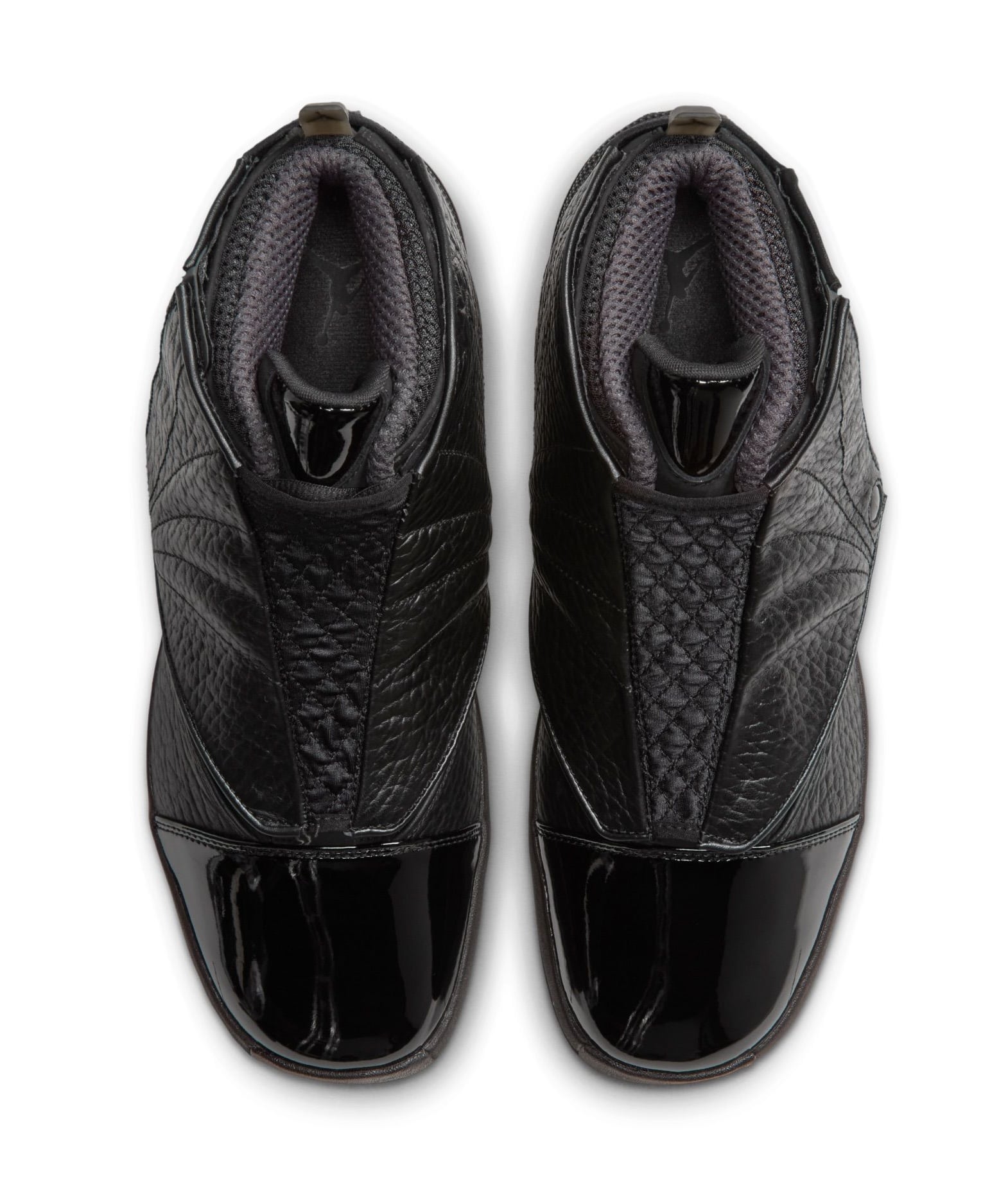 top-down pair view, patent toe caps and grey mesh tongues, Black Pack