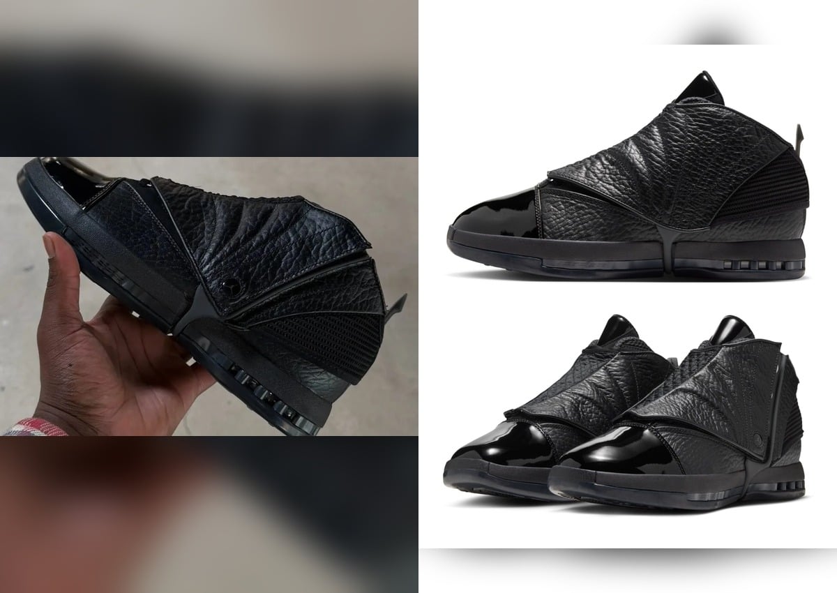 in-hand medial view, textured black leather panels and patent toe, Air Jordan 16 “Black Pack” in Black/Anthracite