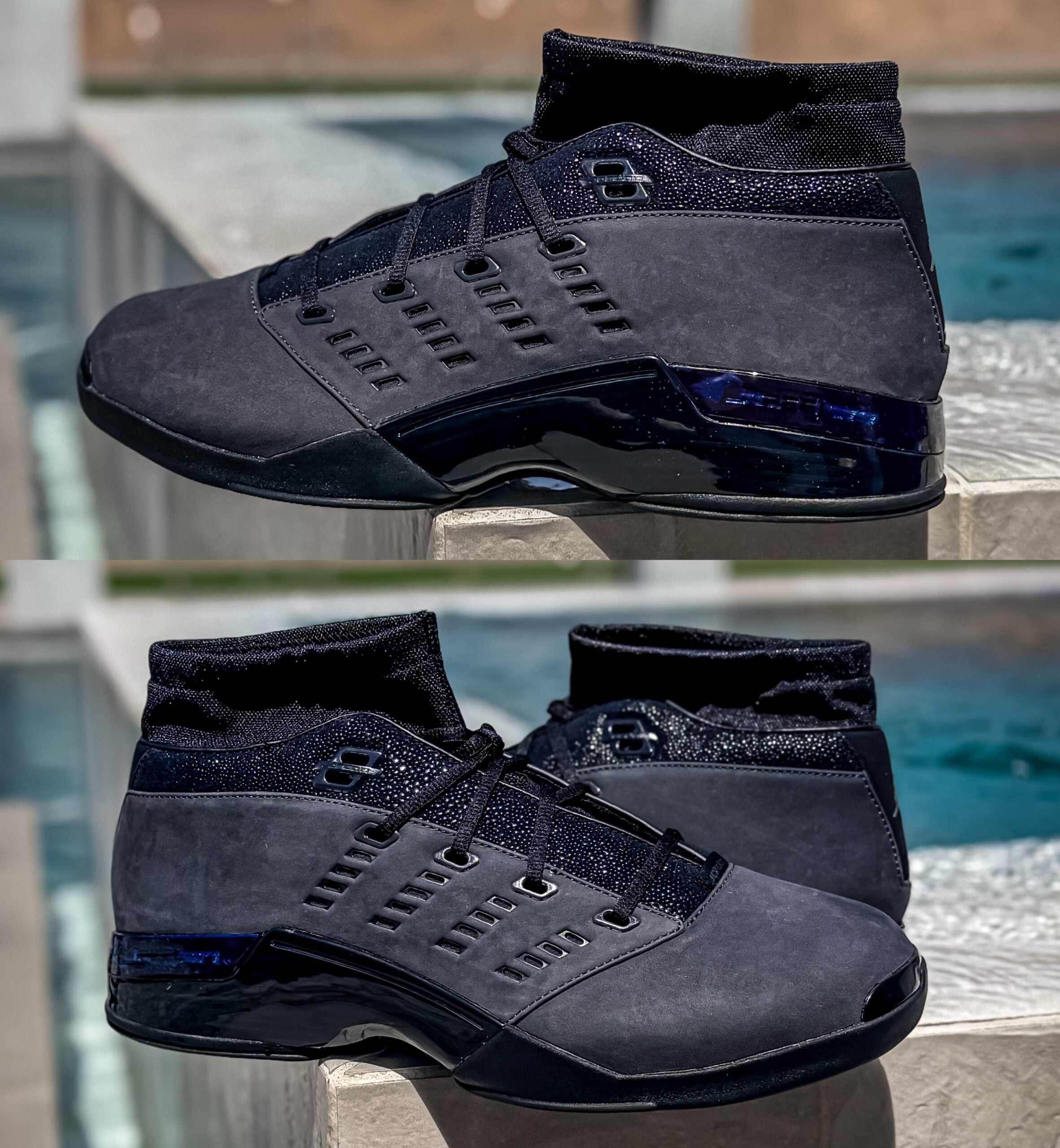 paired lateral views on concrete ledge, grey nubuck with black patent midsole, Black Pack