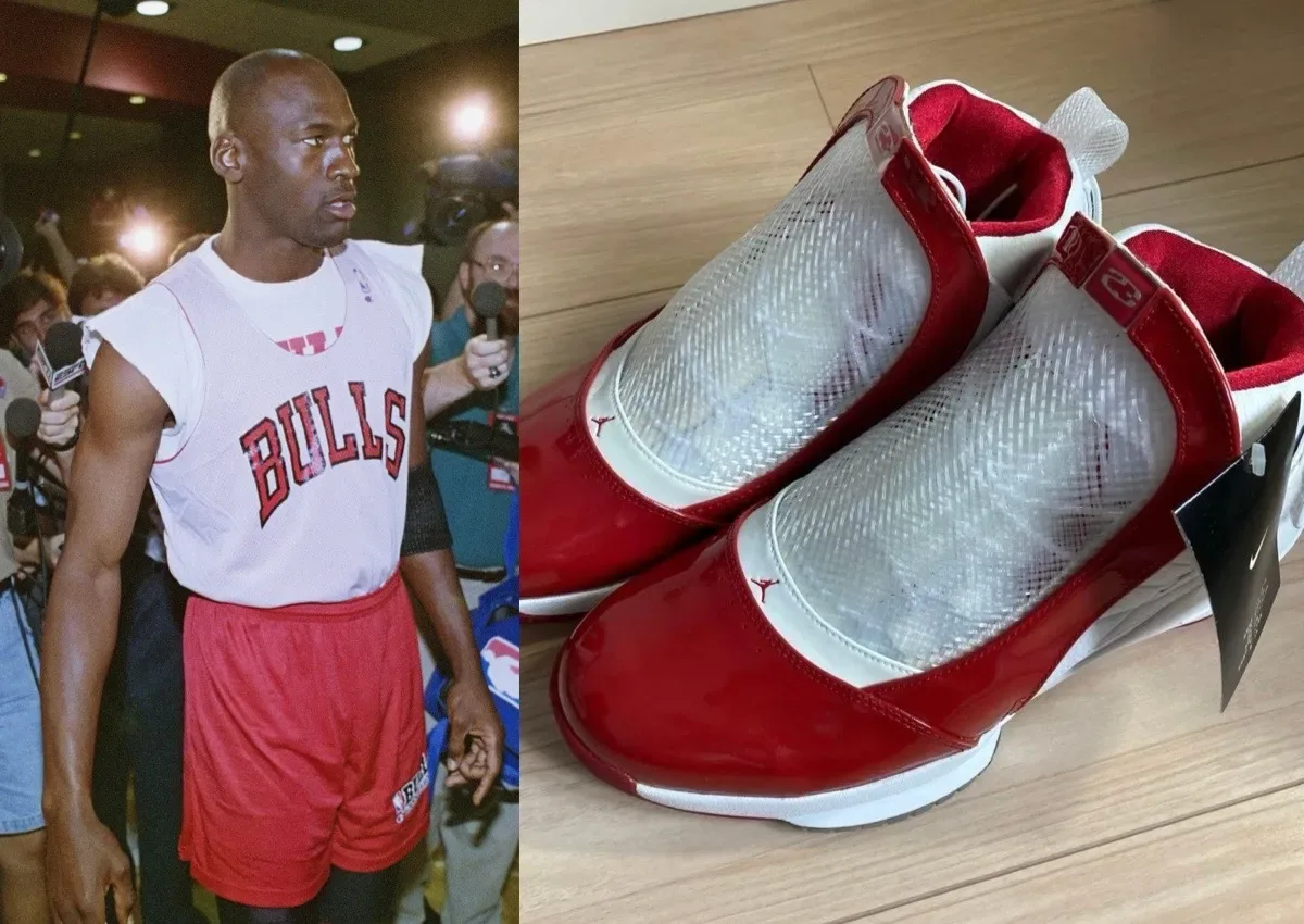 split image, Michael Jordan in Bulls jersey beside pair of shoes on wood floor, Midwest