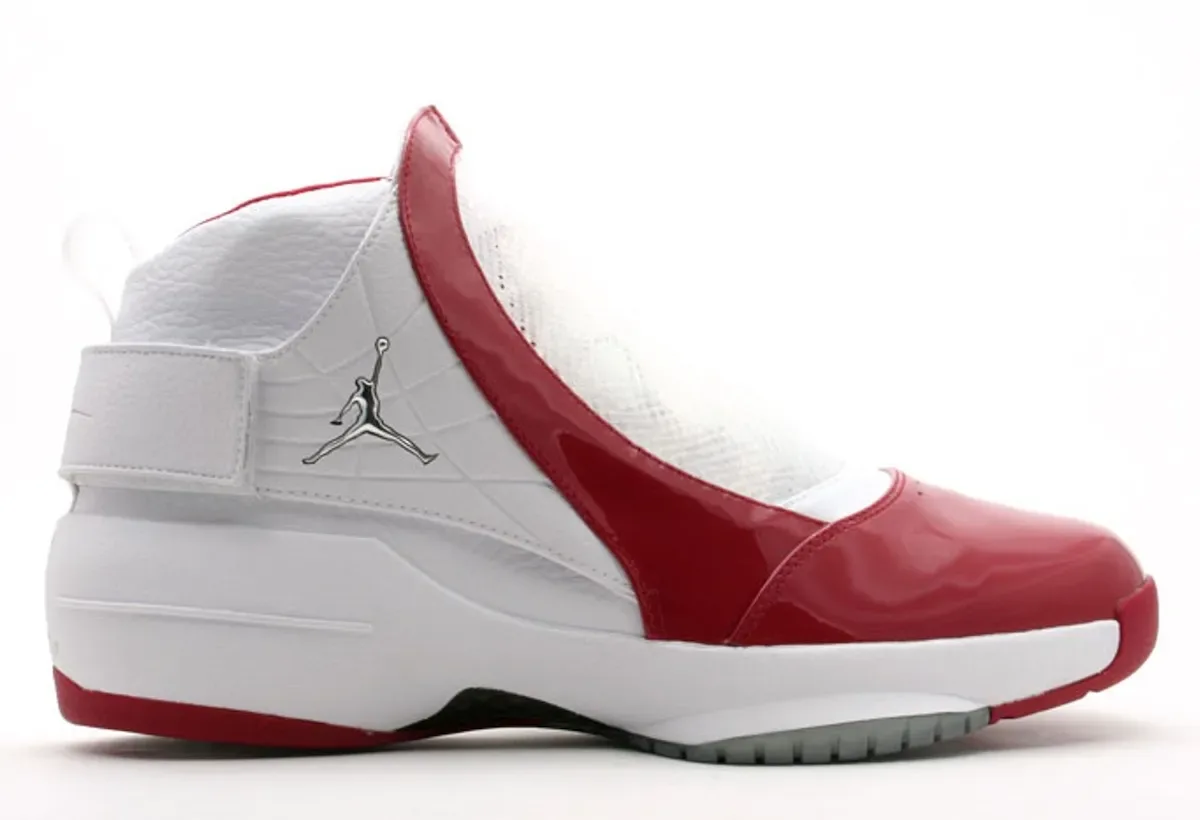 lateral view, white and red patent leather with silver Jumpman logo on strap, Air Jordan 19 “Midwest”