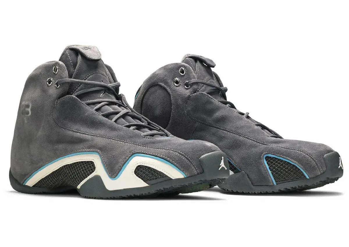 pair, angled lateral view, grey suede with blue accents and Jumpman on toe, Light Graphite