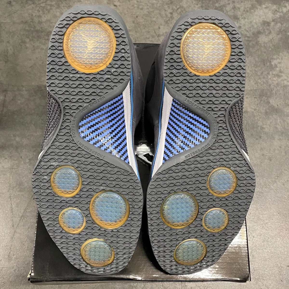 outsole view of pair, gold and blue circular pods, blue striped midfoot inserts, Light Graphite
