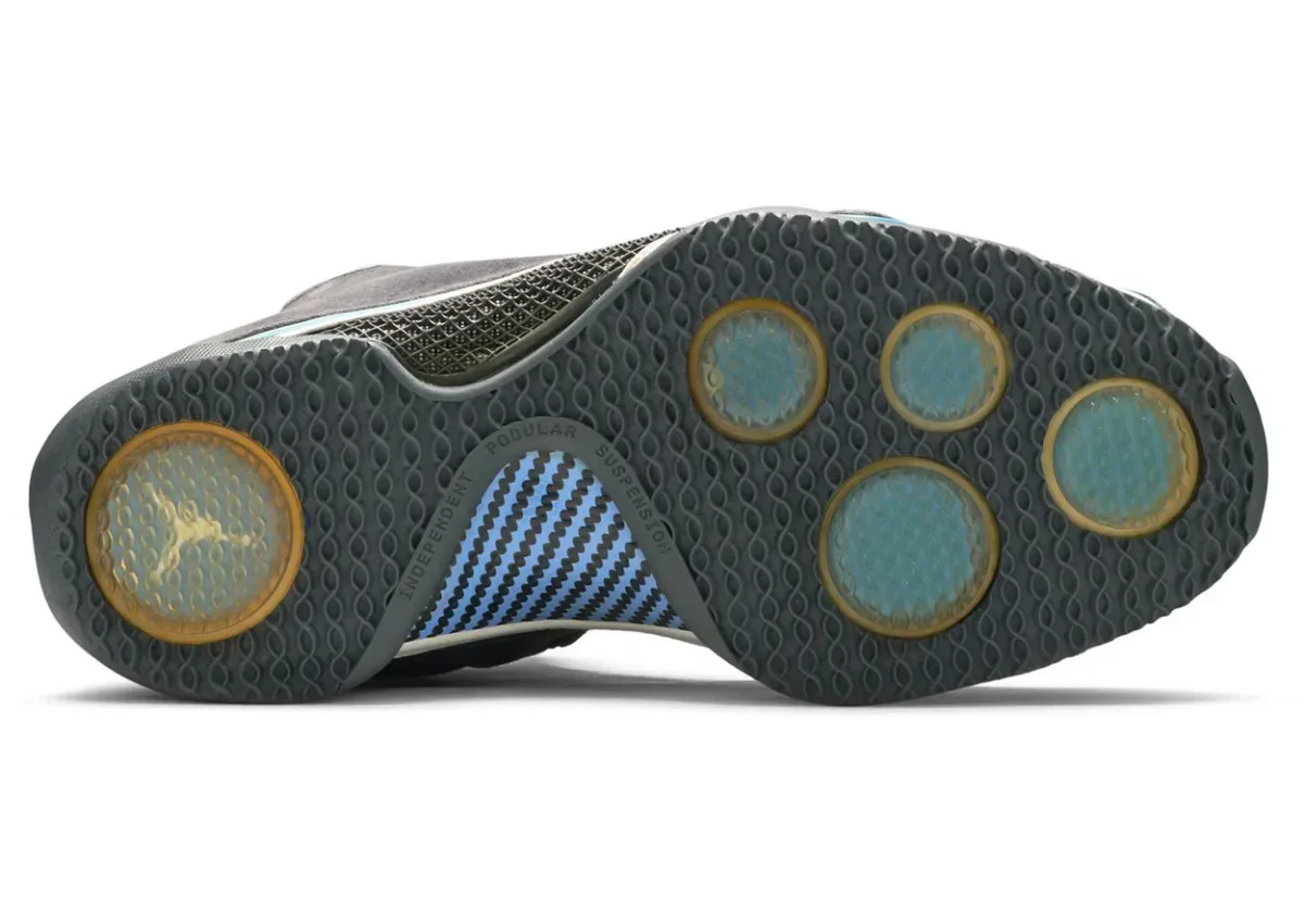 outsole detail, grey tread with gold and blue traction pods, Jumpman logo, Light Graphite