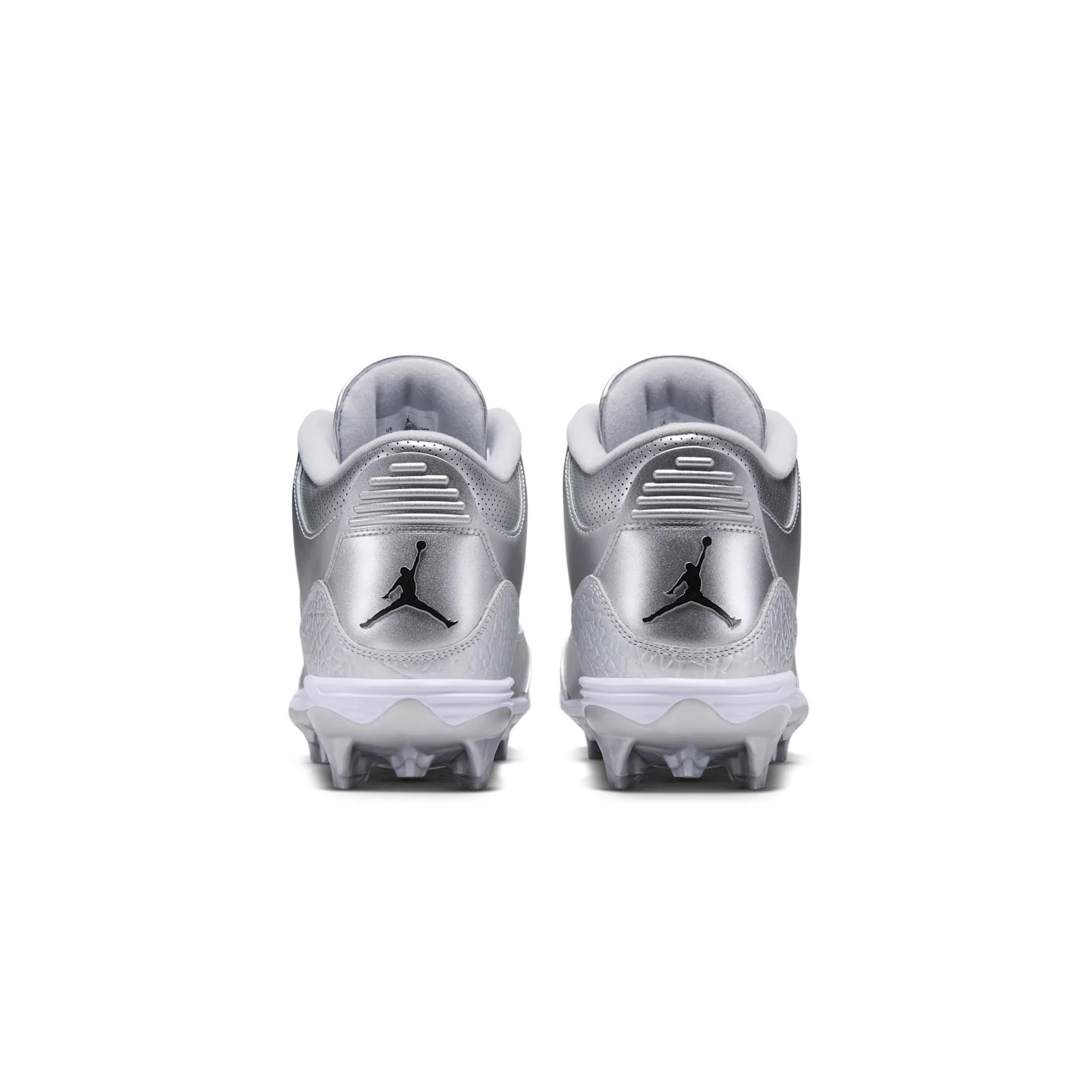 heel view of pair showing Jumpman logo and ridged silver heel tabs, Metallic Silver