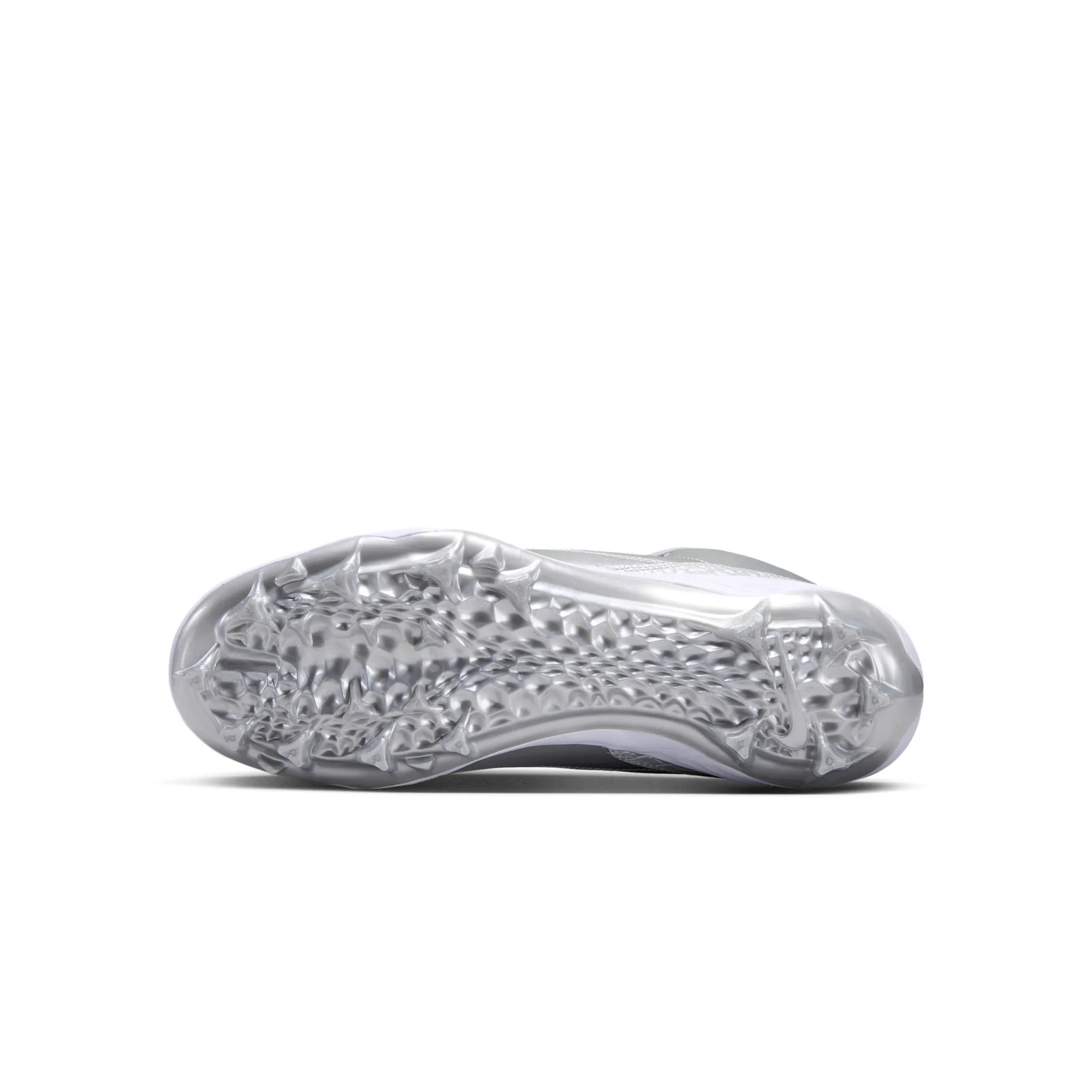 outsole view showing cleat pattern and Nike swoosh on silver sole, Metallic Silver