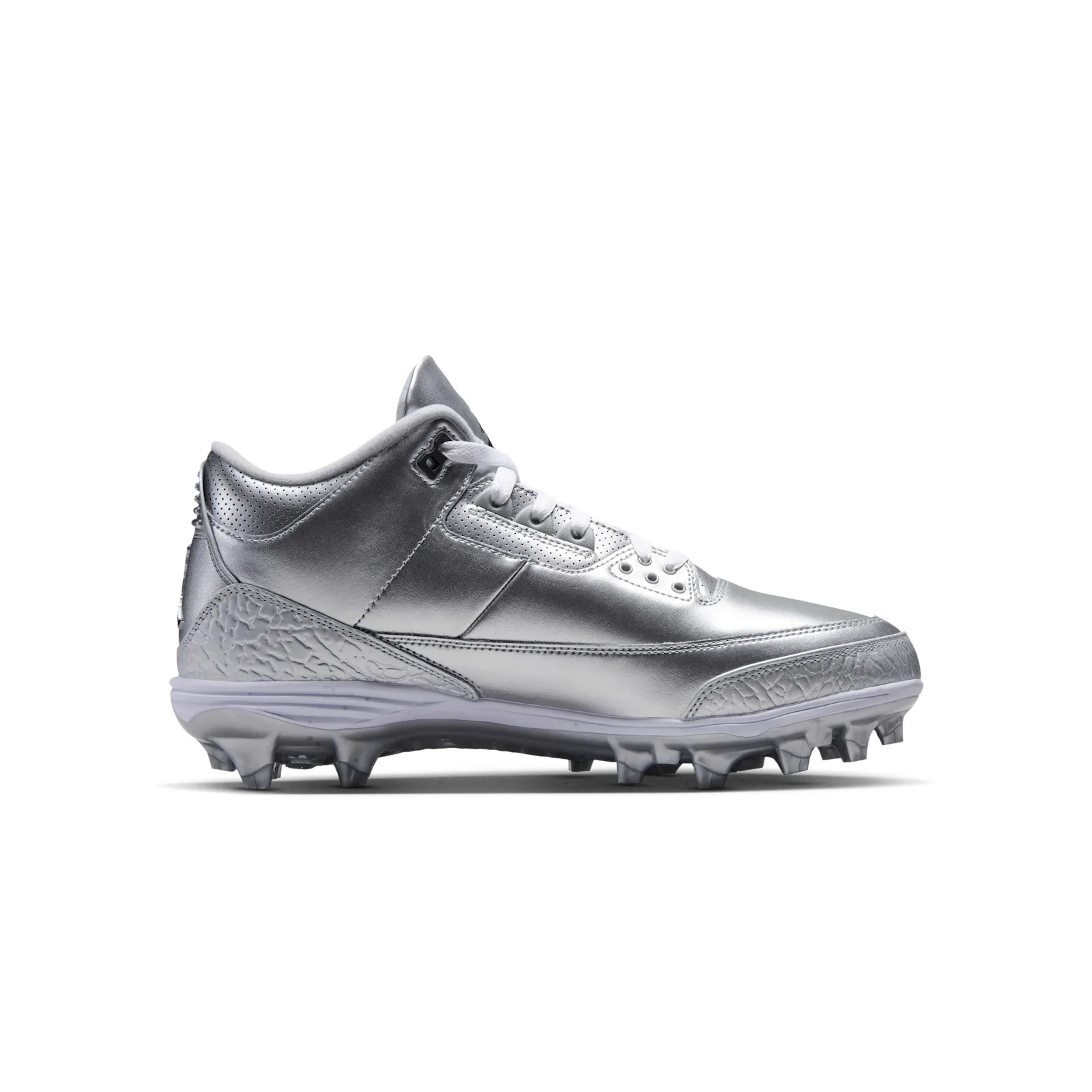 medial side view, silver leather with white laces and perforated toe panel, Metallic Silver