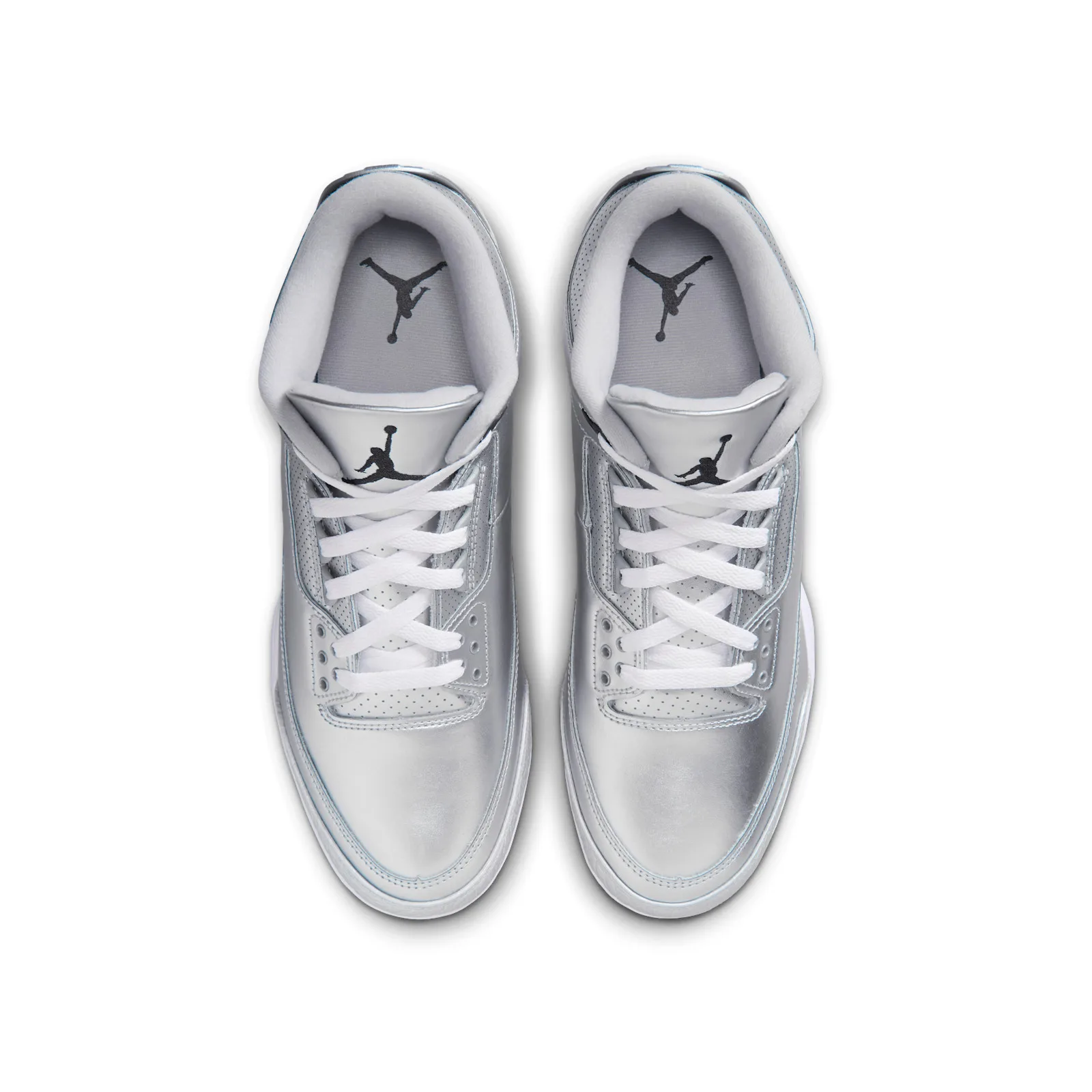 top-down view of laced pair with Jumpman logo on silver insoles, Metallic Silver