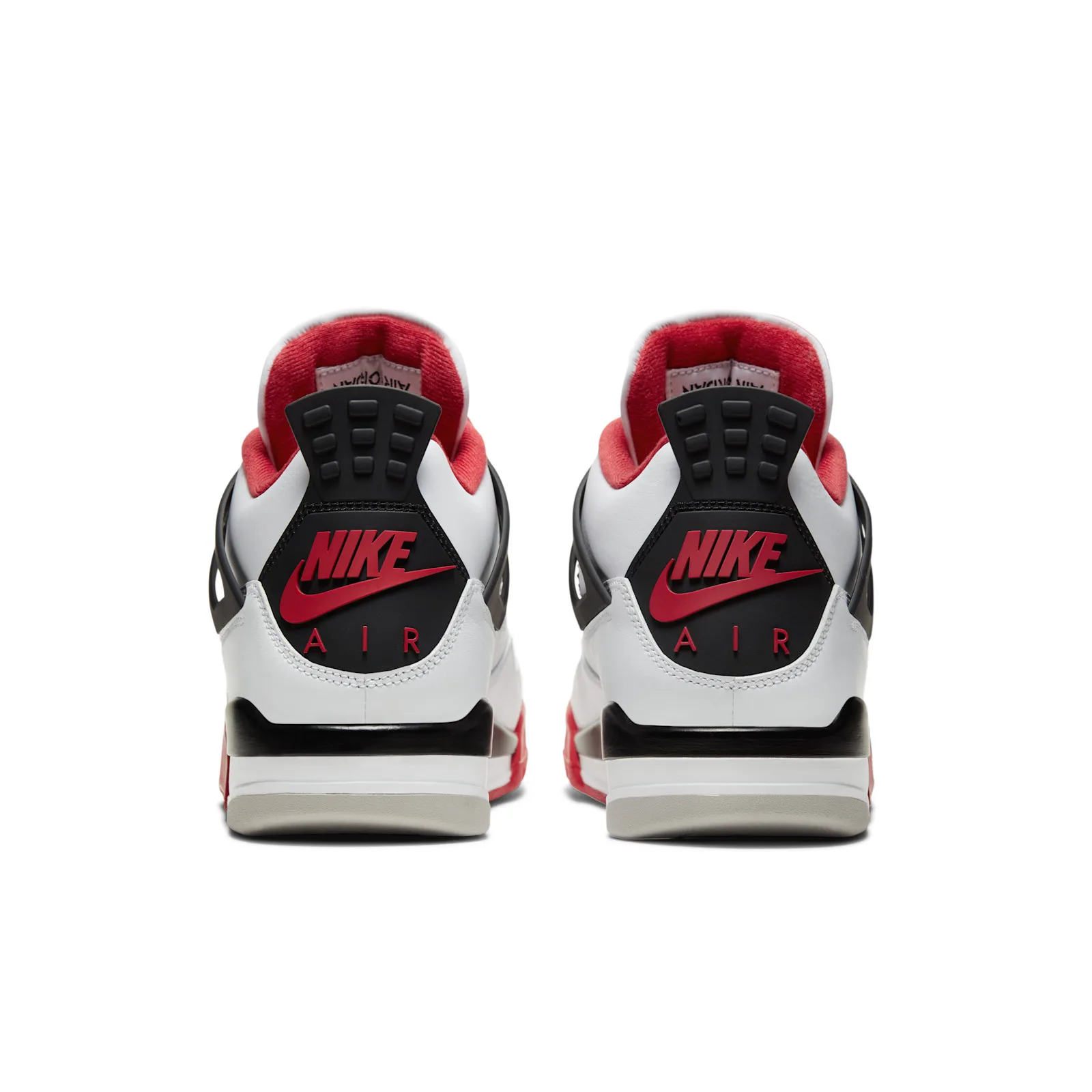 heel view of pair, black wings printed with red 'NIKE AIR' text, Fire Red