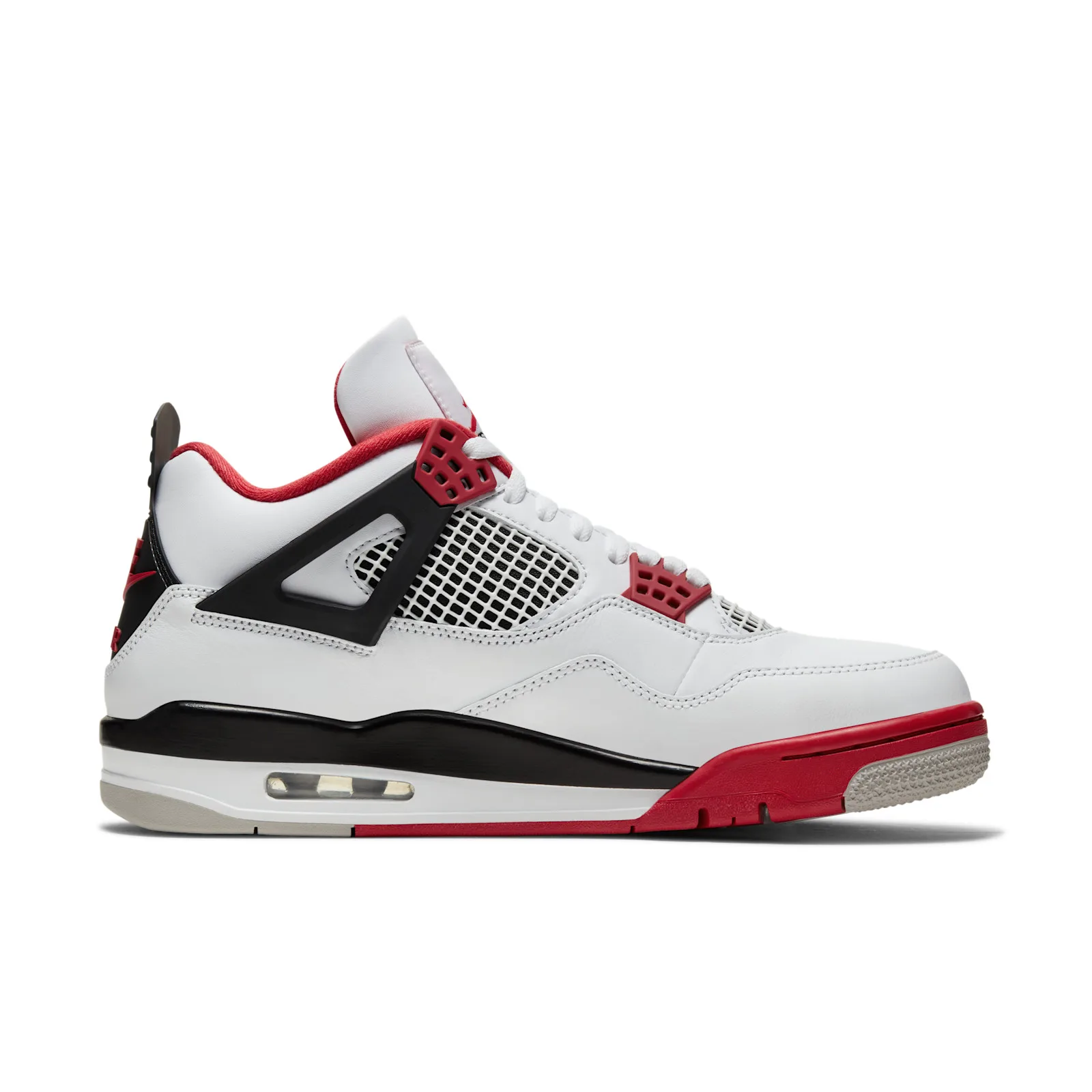 lateral view, white upper with black wing, red Jumpman tag on tongue, Fire Red