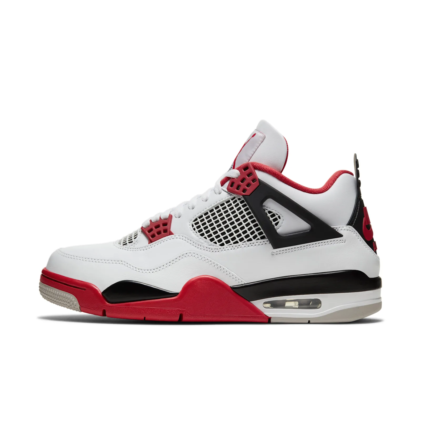 lateral view, white leather upper with black wing, red midsole and eyelets, Fire Red