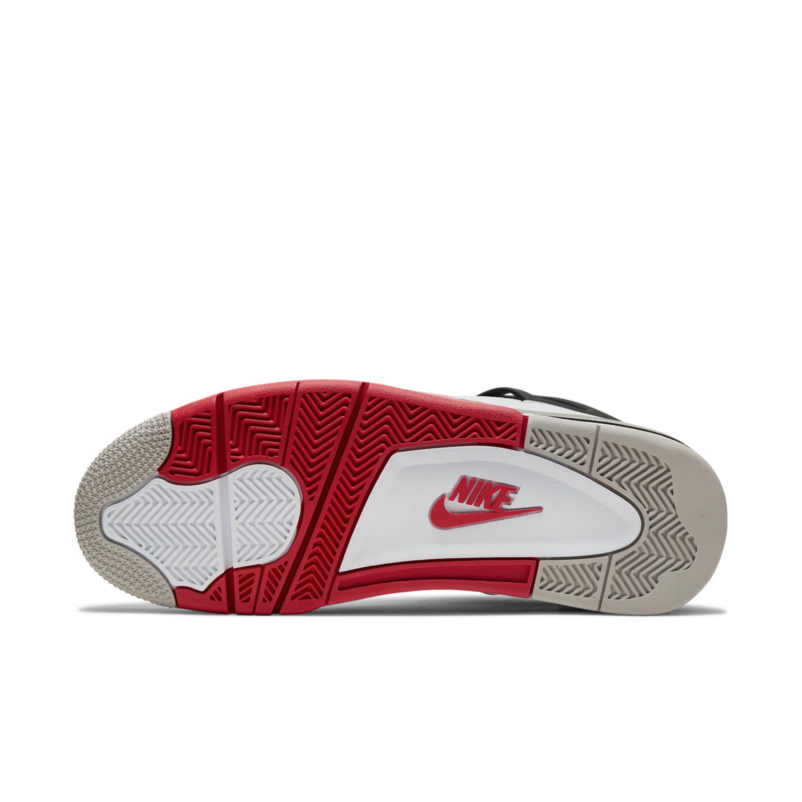 outsole view, red and grey herringbone tread with red Nike swoosh logo, Fire Red