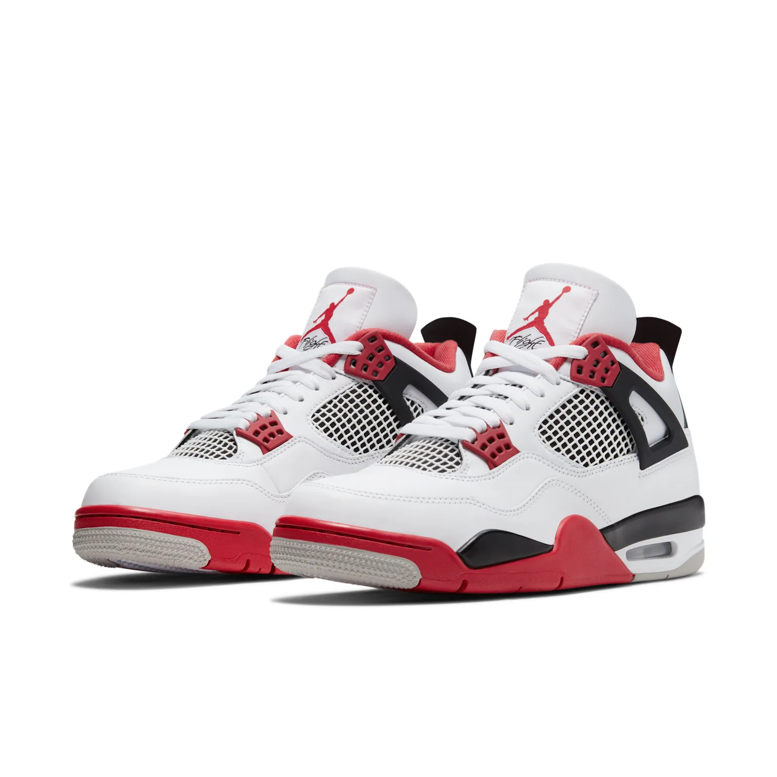 pair from front three-quarter angle, white uppers with red Jumpman tongue logos, Fire Red