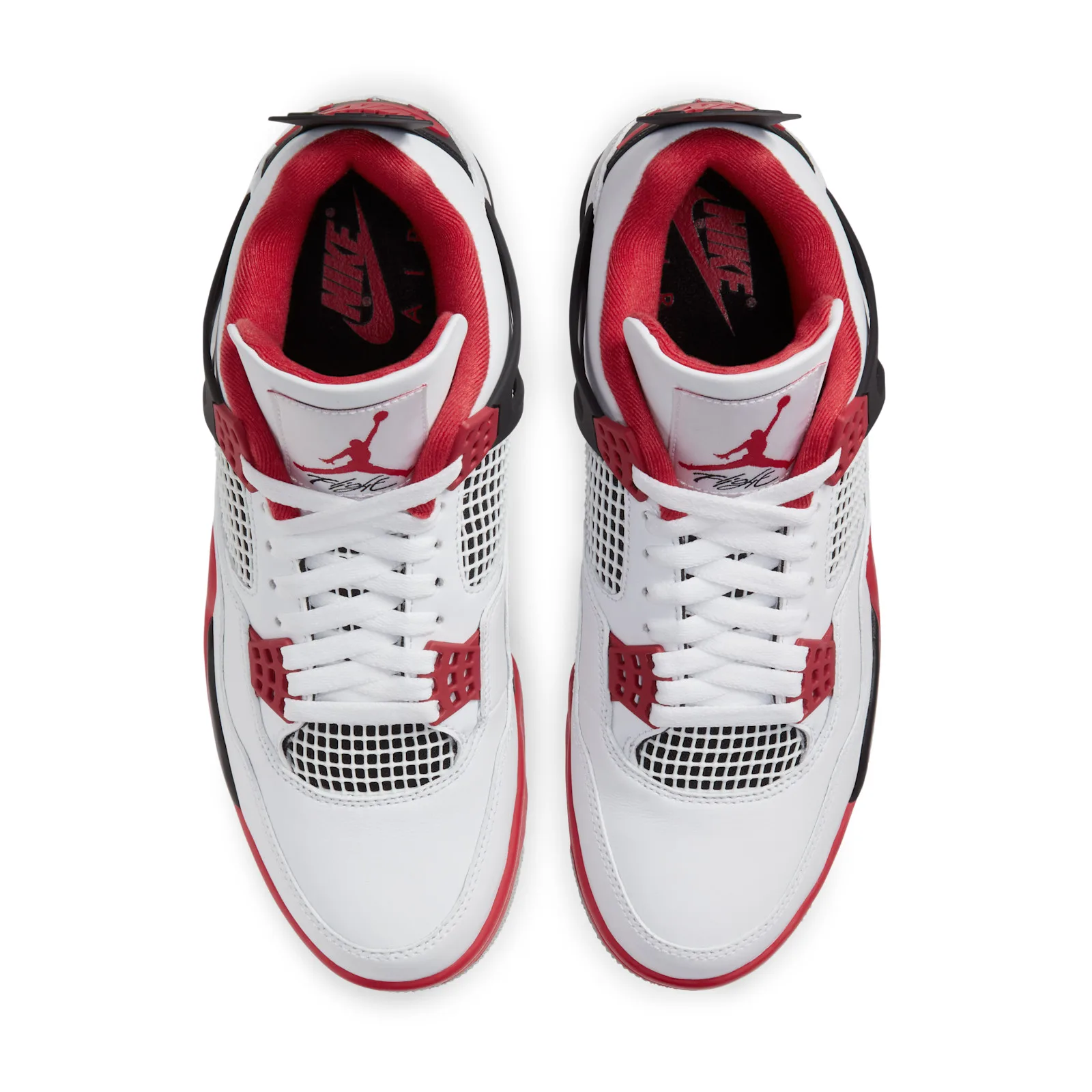 top-down pair view revealing red-lined collars and red Jumpman tongue tags, Fire Red