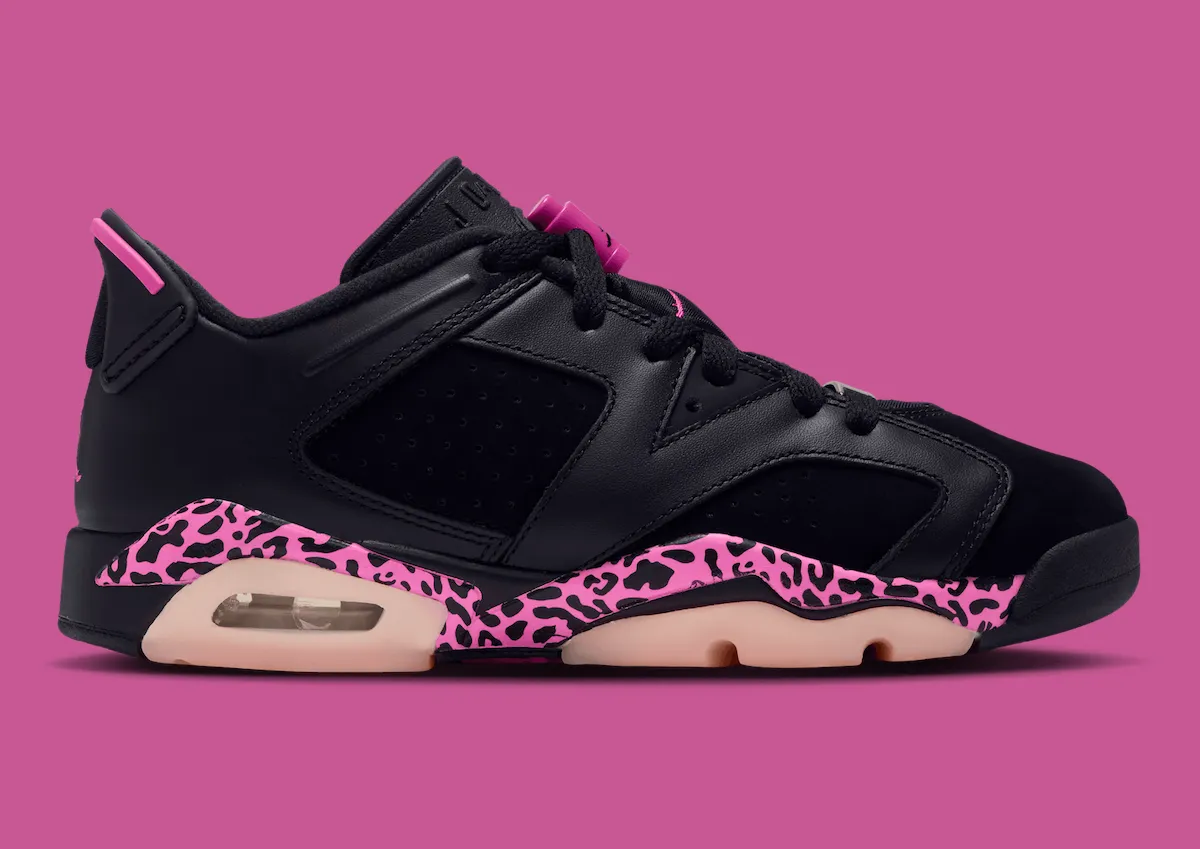 lateral side view, black shoe with pink leopard print heel panel and pink lace lock, Jordan 6 Low