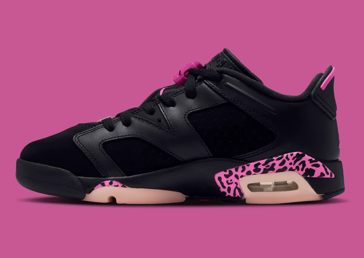 lateral side view, black shoe with pink leopard midsole and pale pink outsole, Jordan 6 Low