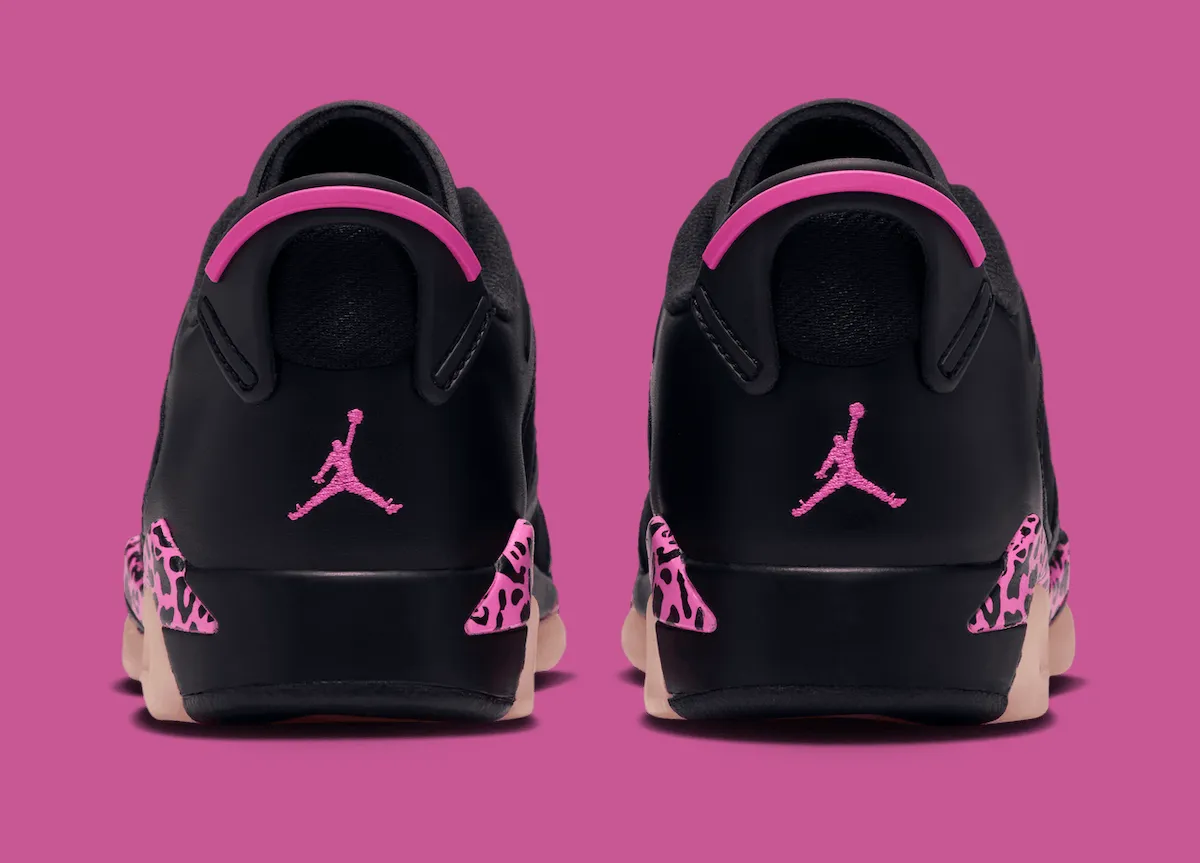 heel view of pair with pink embroidered Jumpman logos and pink pull tabs, Jordan 6 Low