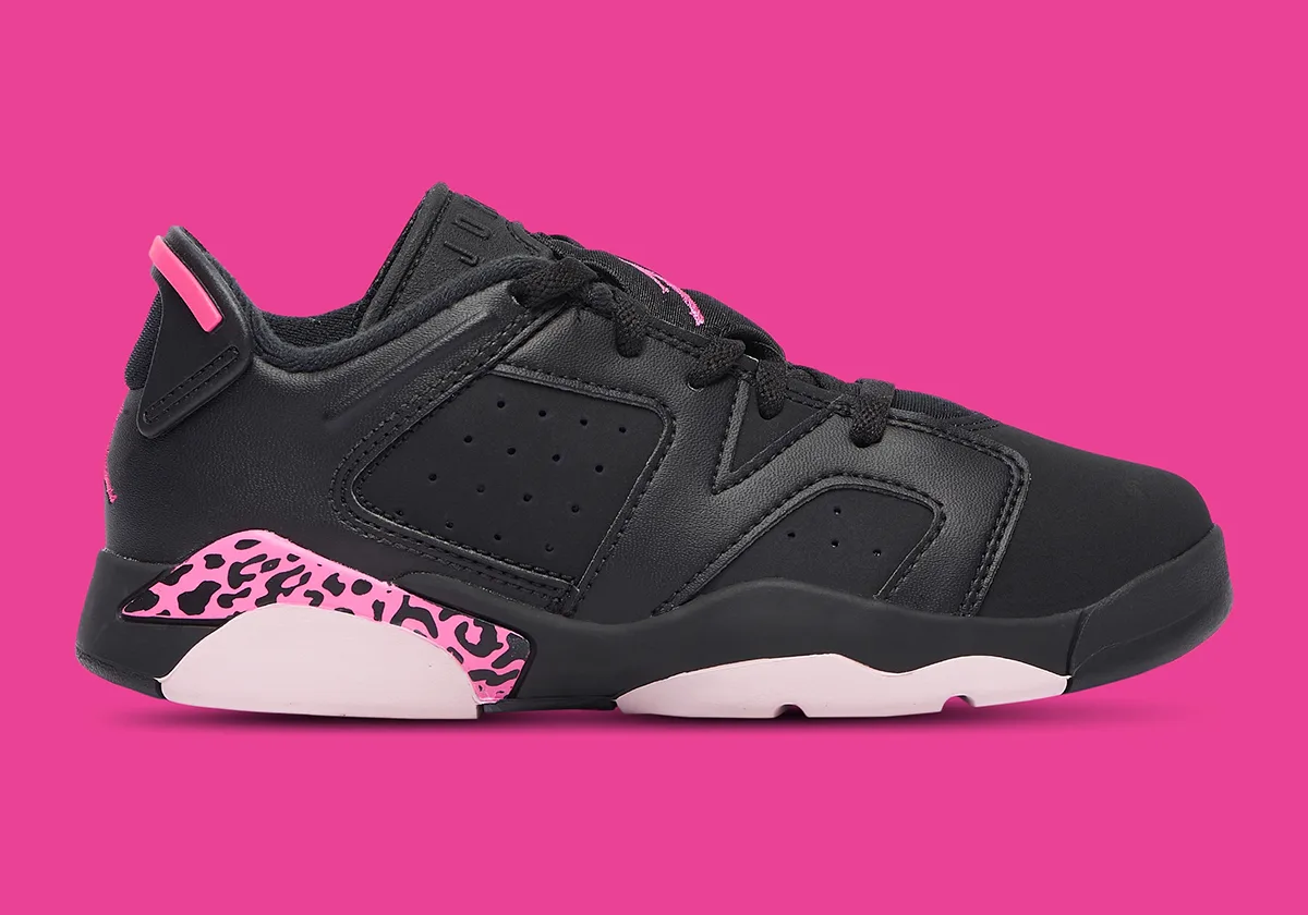 medial side view, black upper with pink leopard heel accent and pale pink midsole, Jordan 6 Low