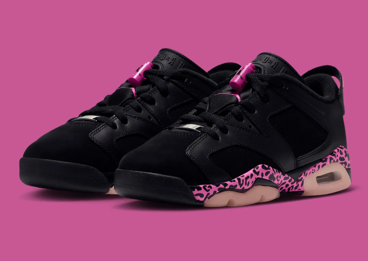 pair, three-quarter view, black nubuck with pink leopard midsole and pink pull tabs, Air Jordan 6 Low