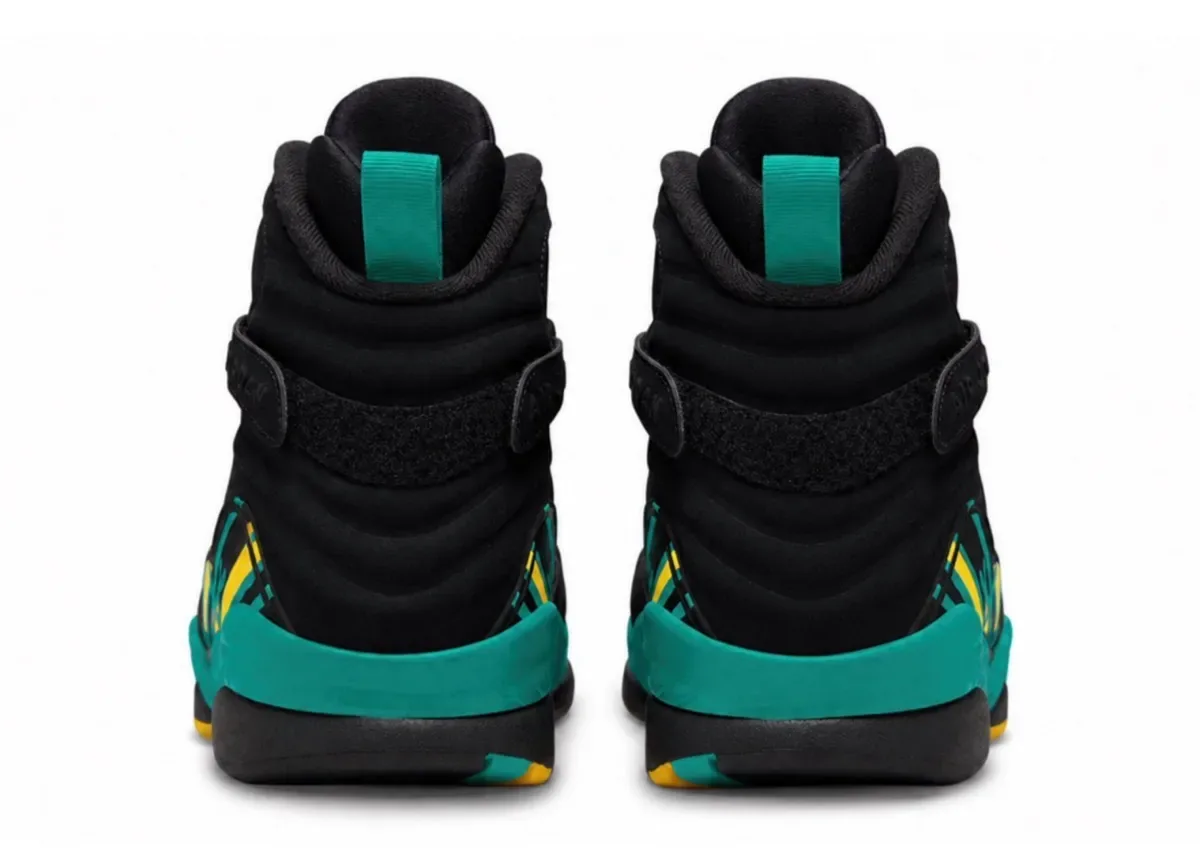 heel view of pair, black uppers with teal pull tabs and yellow trim, Hornets