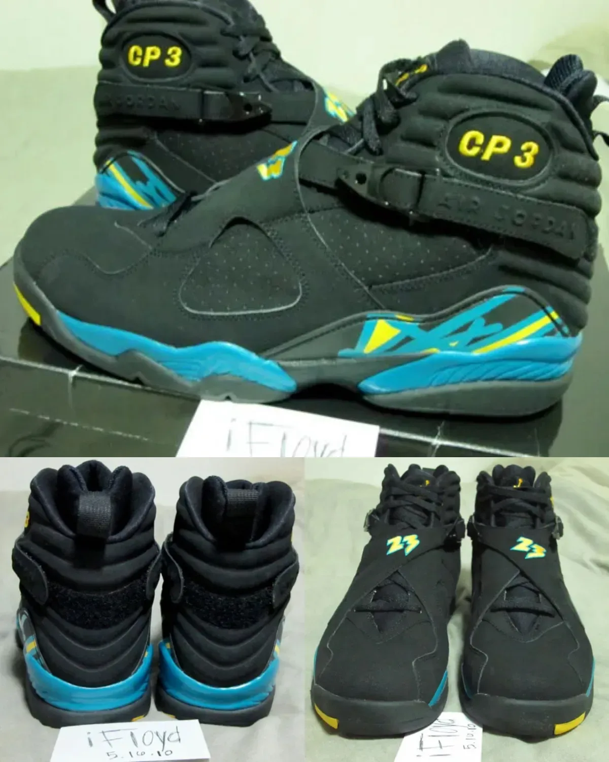 collage of angles, black pair with teal midsoles, yellow 'CP3' heel patches and '23' logos, Hornets