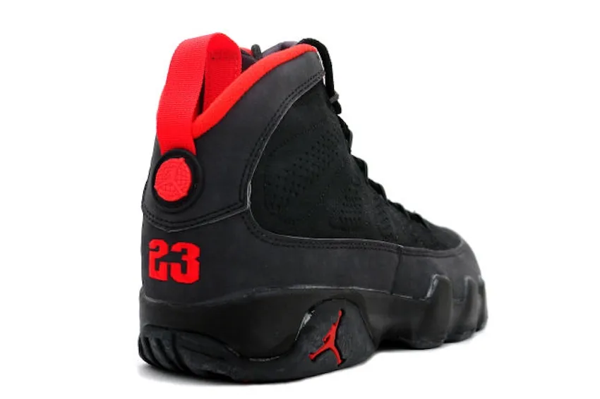 heel view, black nubuck with red 23 lettering, red pull tab and Jumpman heel patch, Charcoal