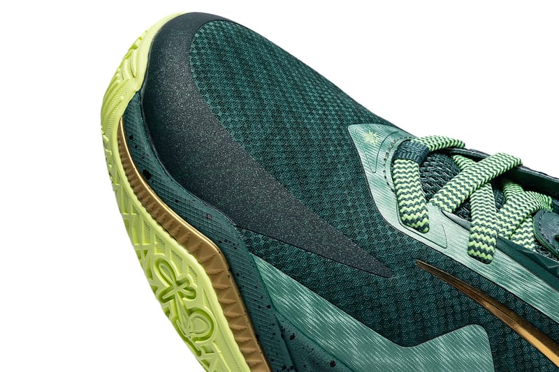 toe close-up, dark green mesh upper with lime green midsole edge, Alchemist