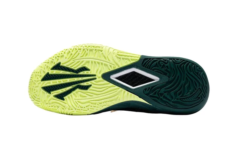 outsole view, lime green and dark green tread with logo cutout, Alchemist