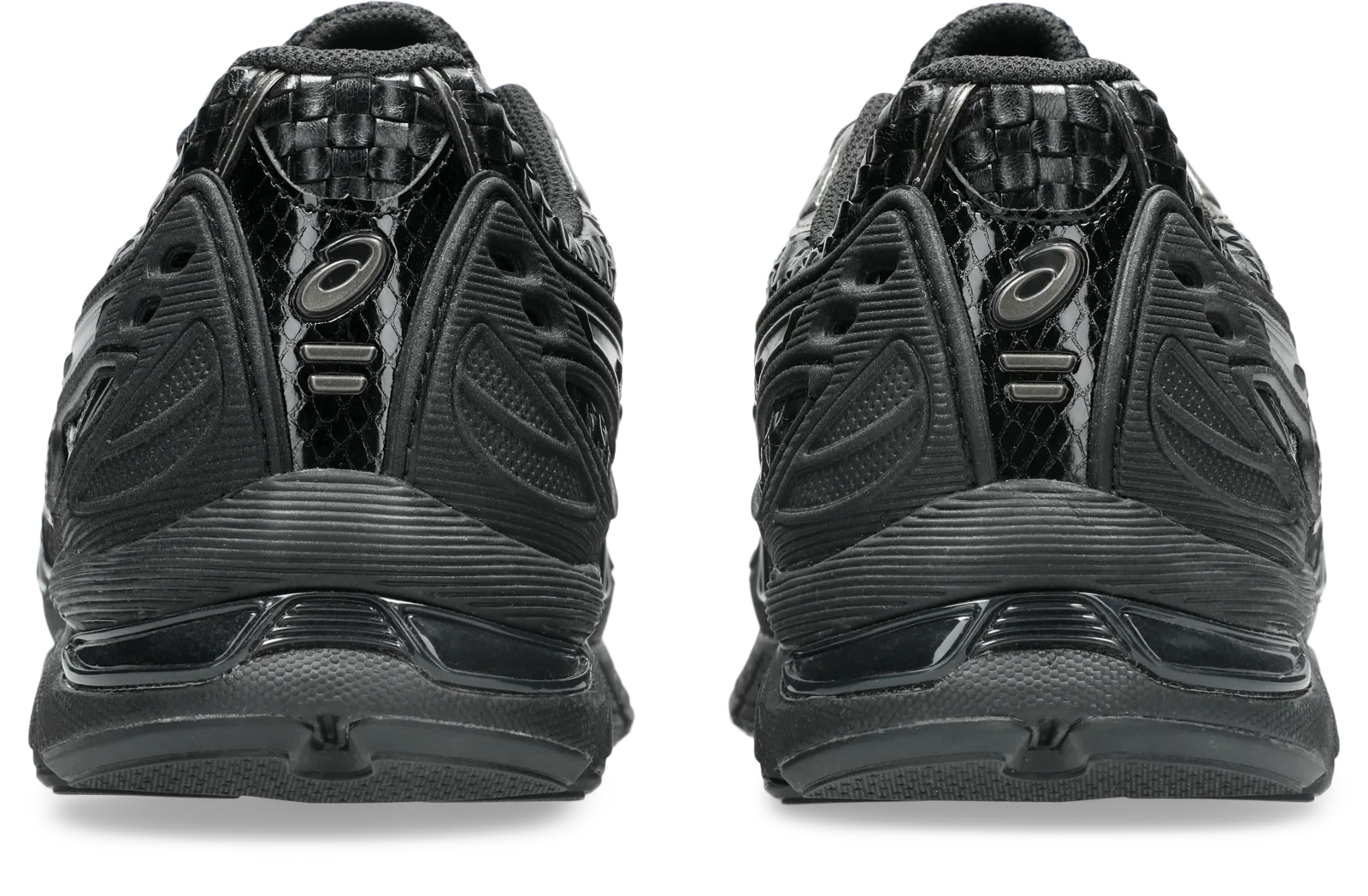 pair, rear view, gunmetal ASICS logo tab and black mesh heel vents, Black/Gunmetal