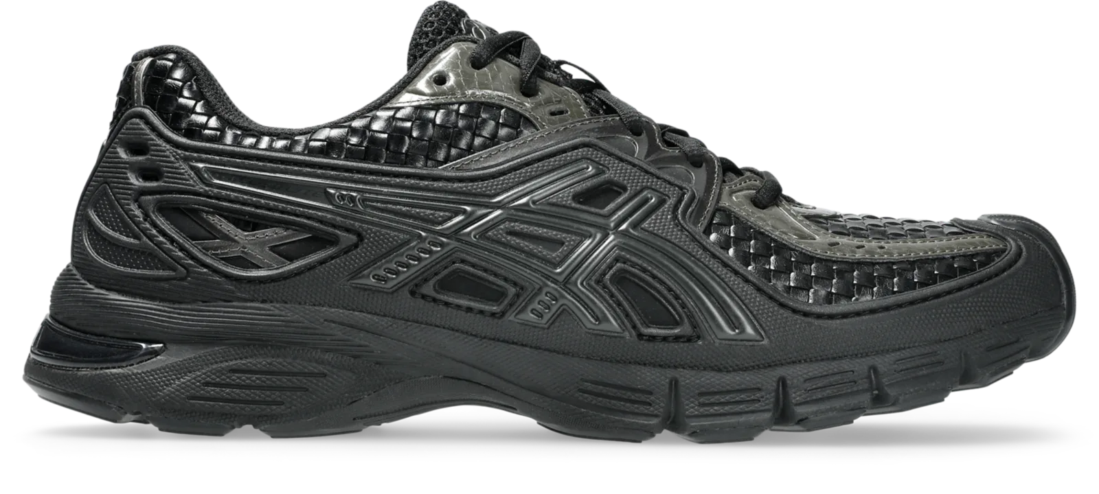 lateral view, black woven forefoot and gunmetal heel counter, Black/Gunmetal