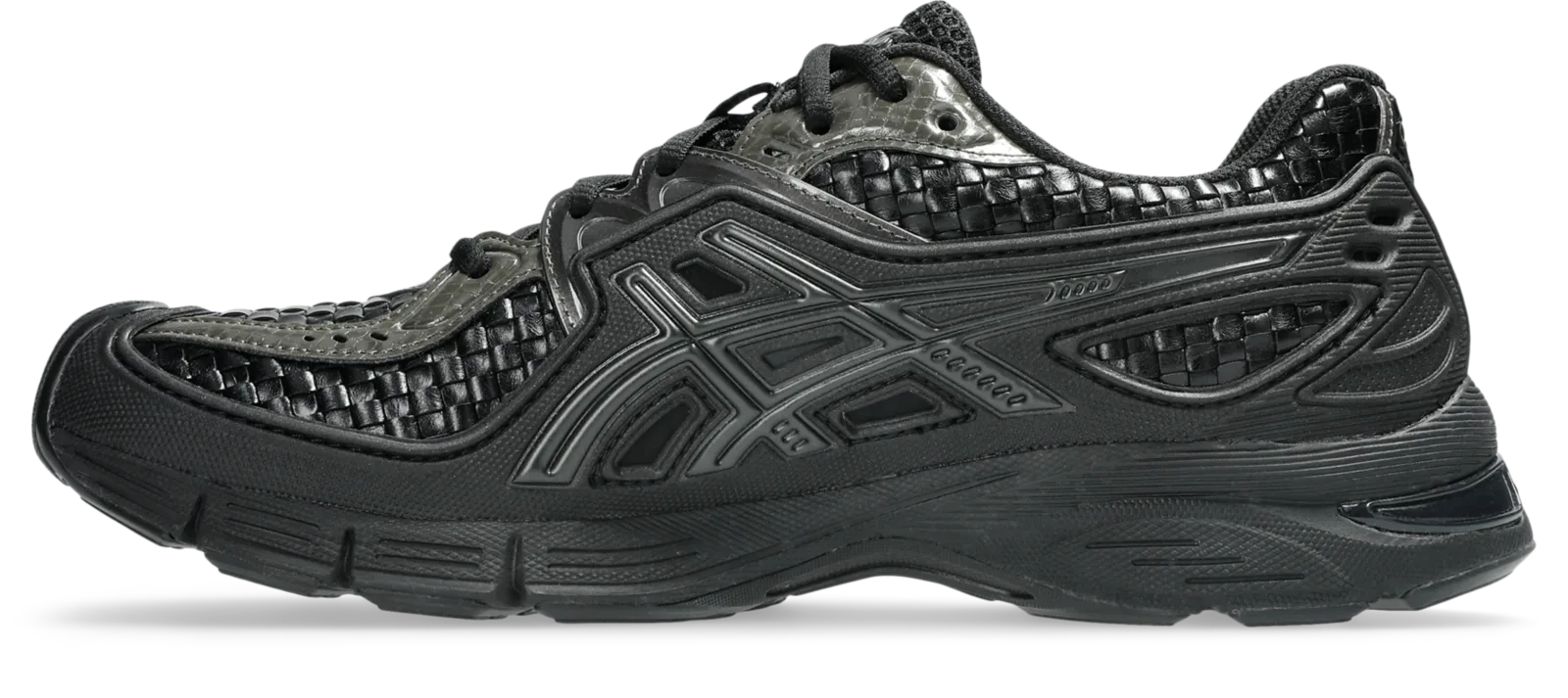 lateral view, gunmetal snakeskin toe overlay over black woven midfoot, Black/Gunmetal