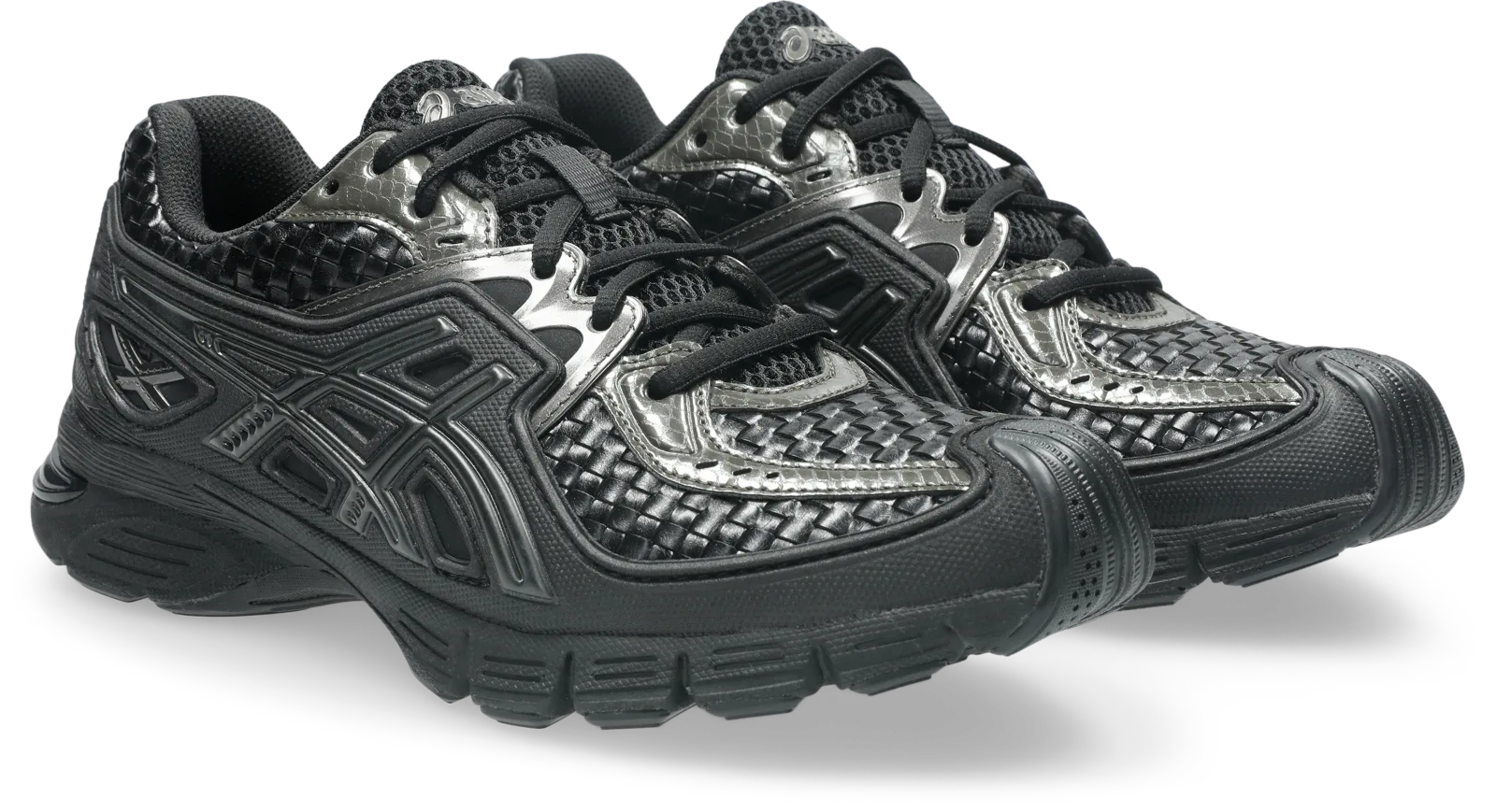 pair in three-quarter view, black woven upper with gunmetal snakeskin panels, Black/Gunmetal