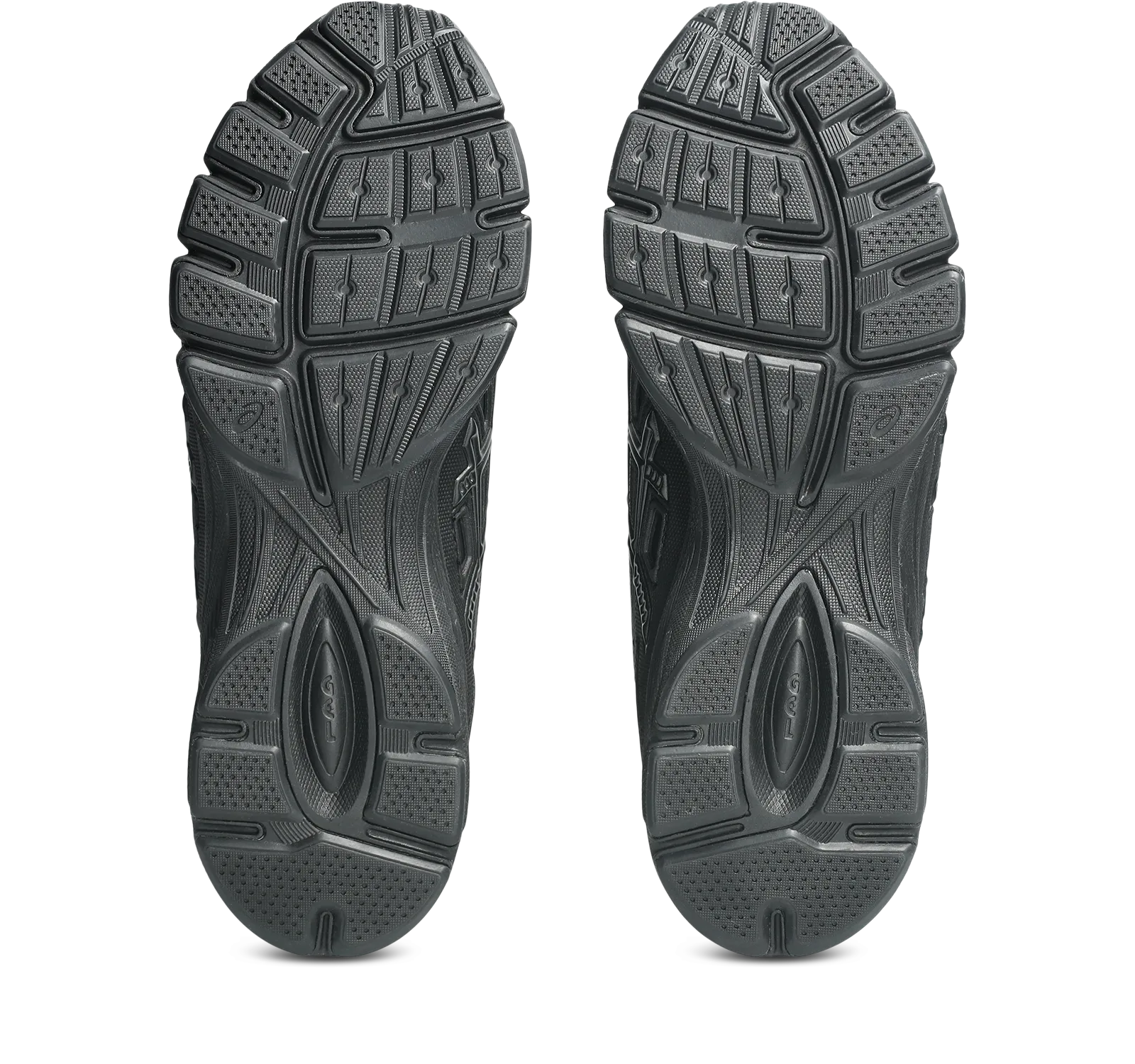 pair, outsole view showing black GEL branding and tread pattern, Black/Gunmetal