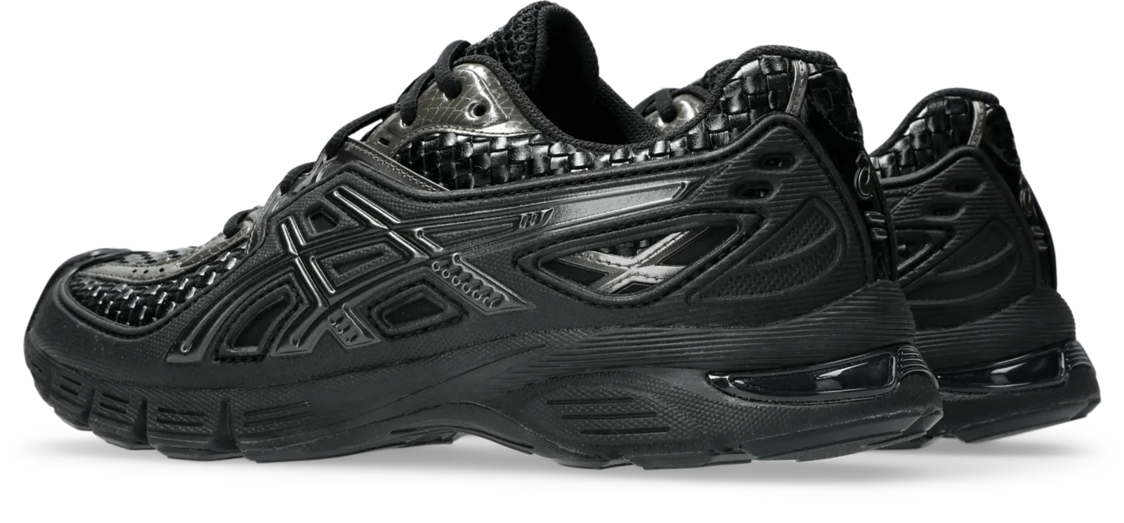 pair in heel three-quarter view, gunmetal ASICS logo on black woven heel, Black/Gunmetal