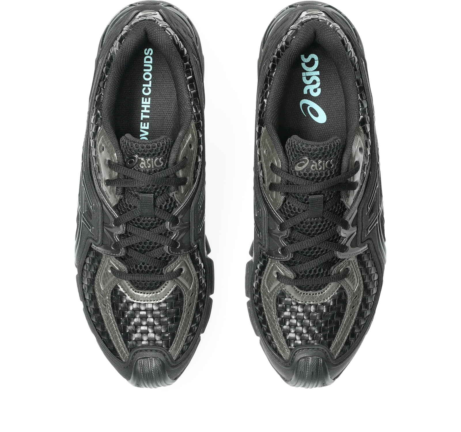 pair, top-down view, teal ASICS logo and 'above the clouds' text on insoles, Black/Gunmetal