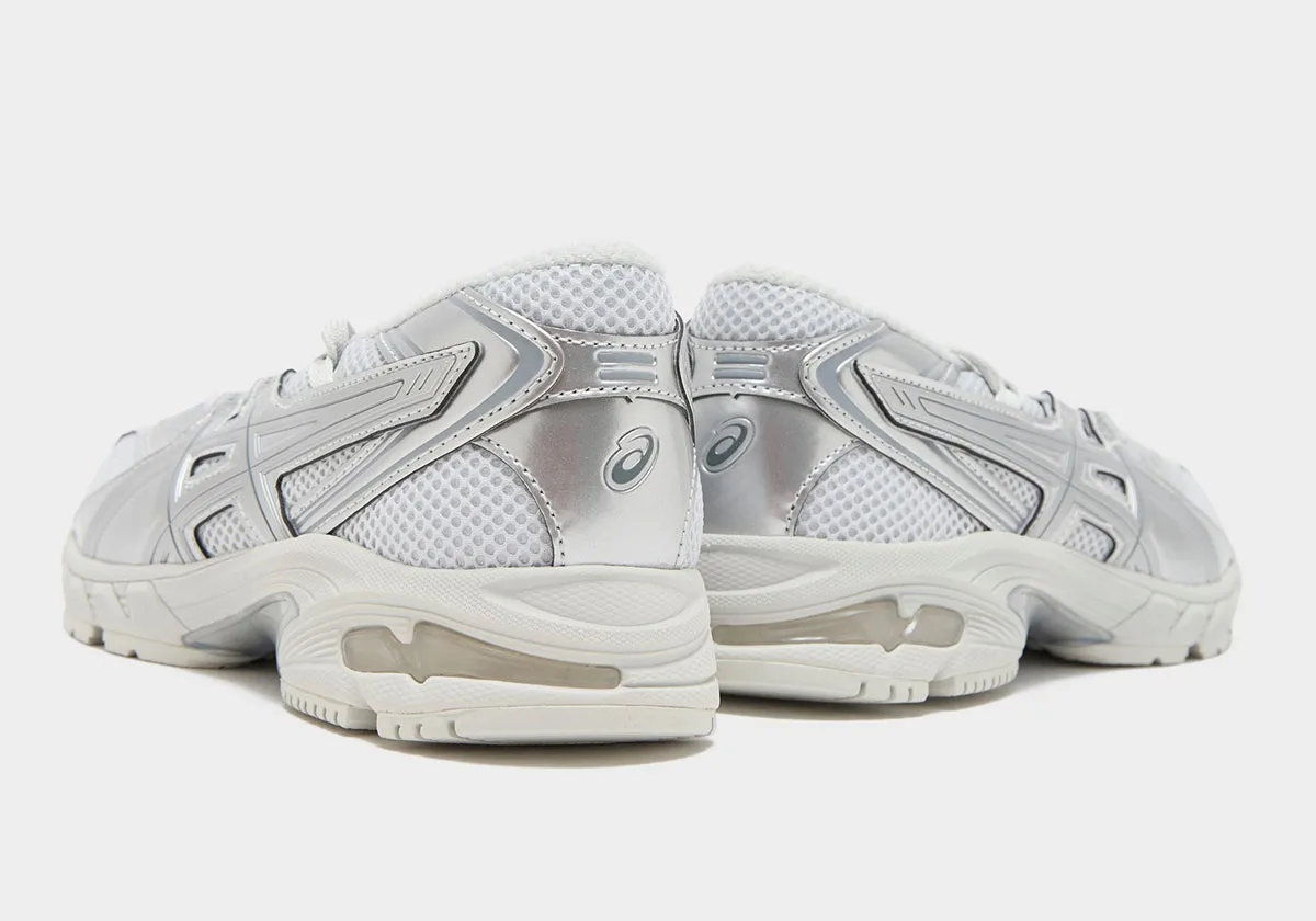 heel view pair, silver heel counters with asics logo on white midsole, GEL-DS Trainer Ballet