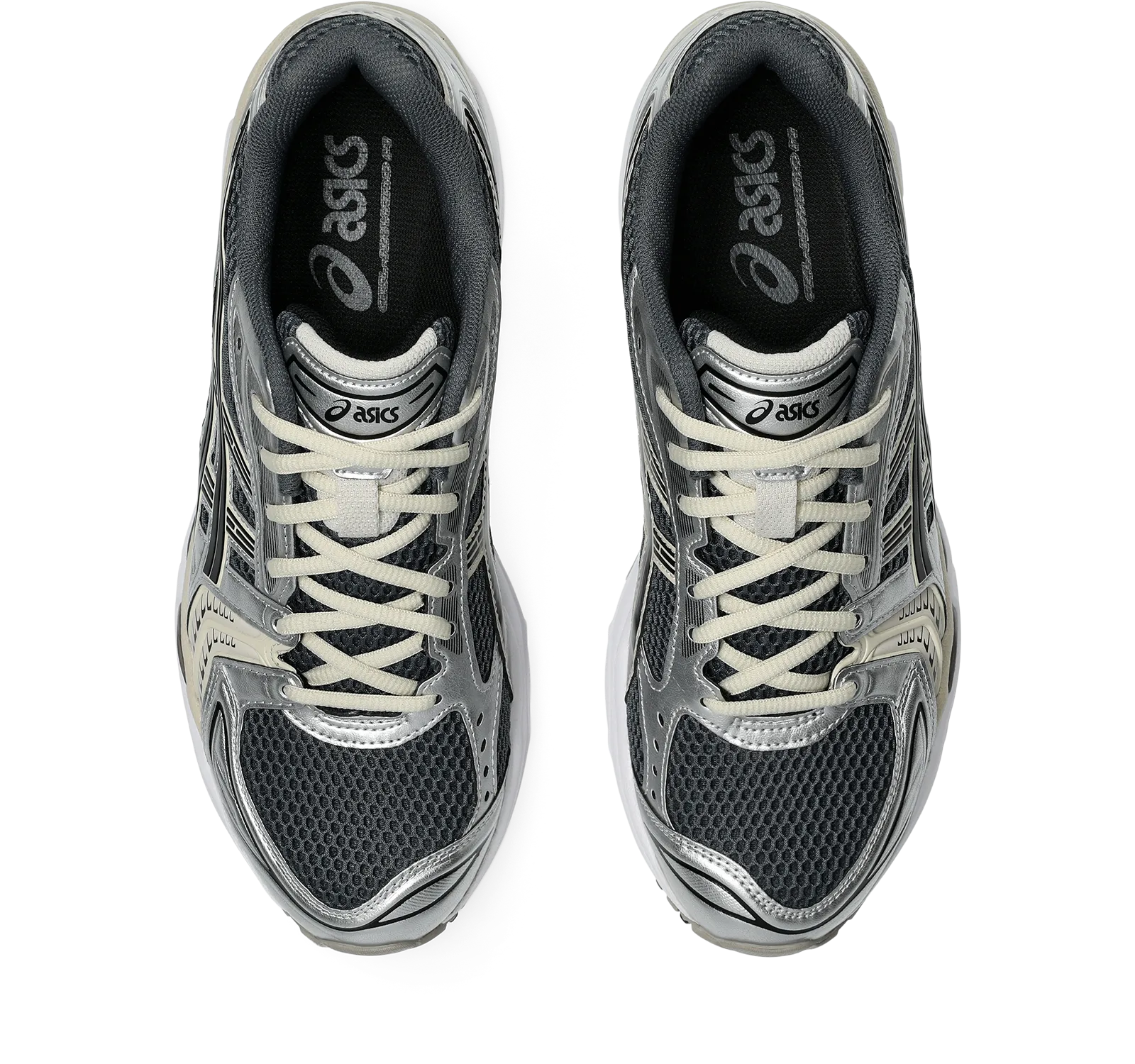 top-down pair view, dark grey mesh with silver overlays and cream laces, ASICS GEL-Kayano 14