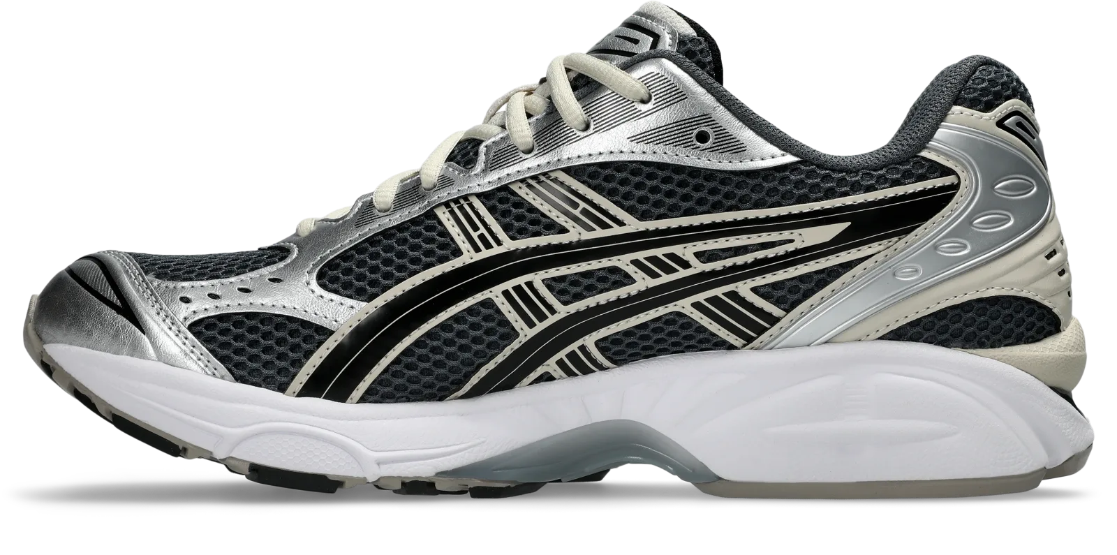 lateral side view, dark grey mesh with silver swoosh overlays and cream midsole, ASICS GEL-Kayano 14