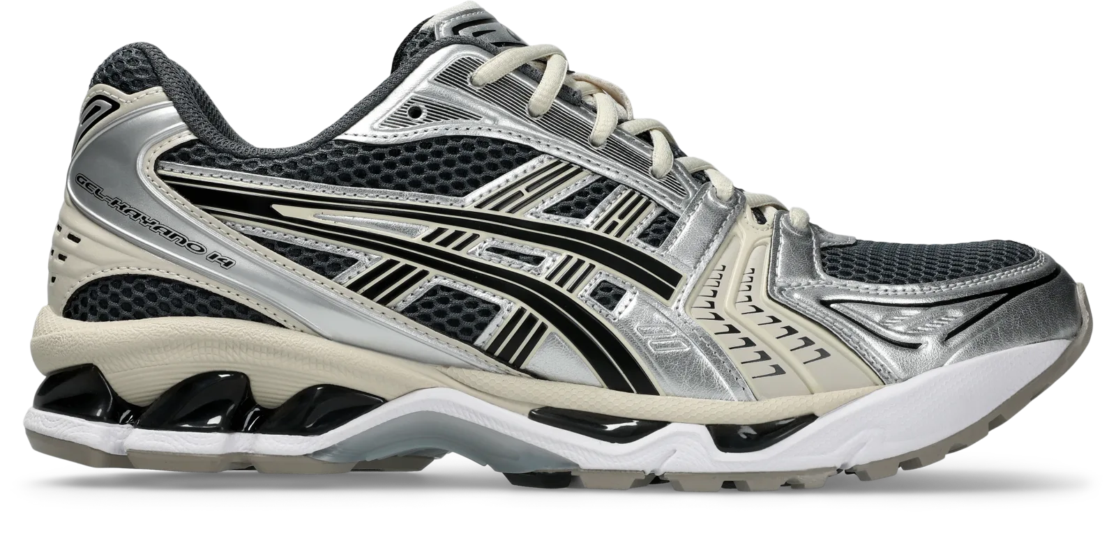 lateral side view, silver and black overlays with GEL-KAYANO 14 text on heel, ASICS GEL-Kayano 14